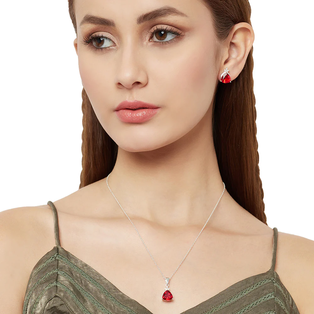 Stylish Silver Tone Pendant Set Studded With CZ and Red Stones - Image 2