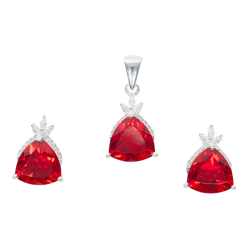 Stylish Silver Tone Pendant Set Studded With CZ and Red Stones - Image 3