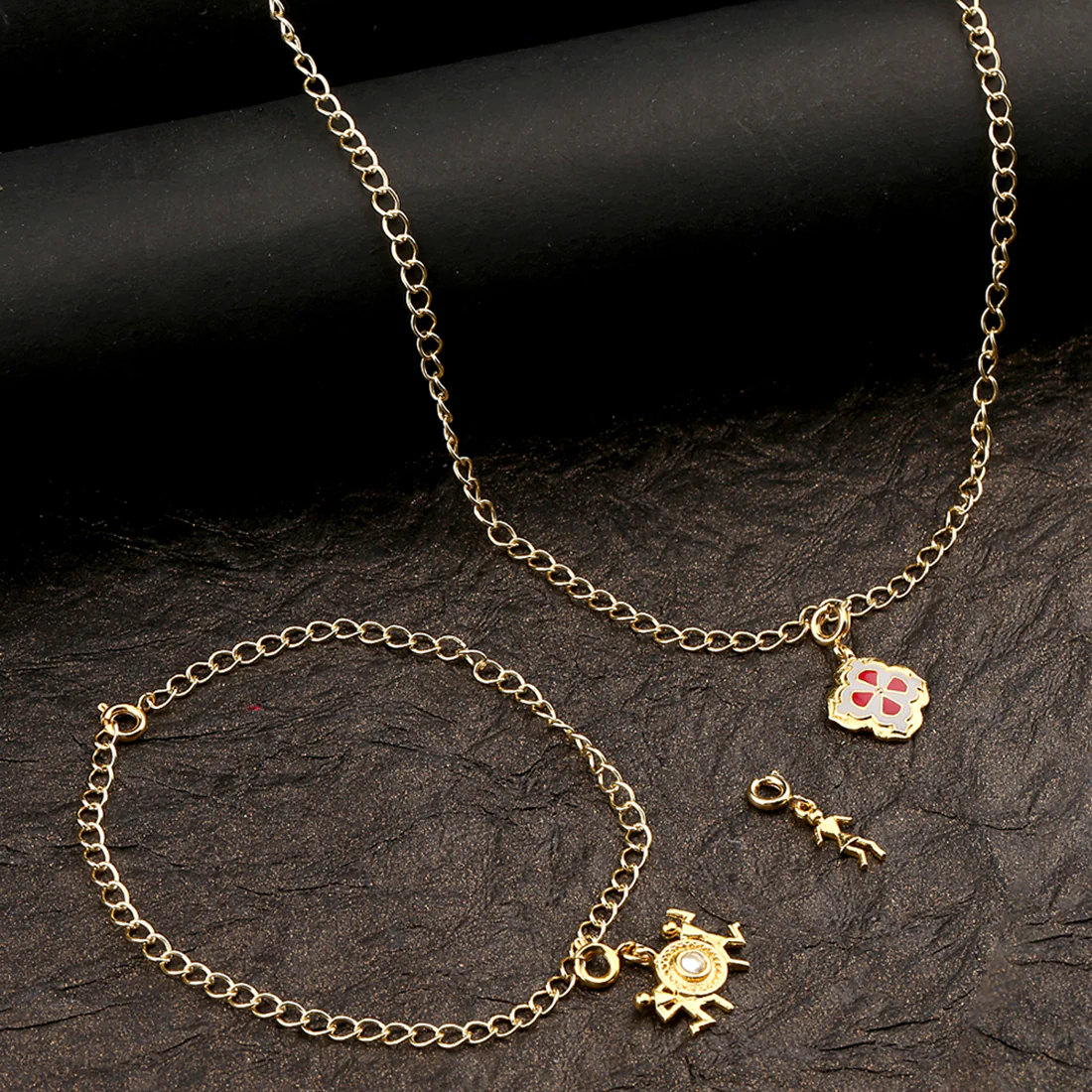Stylish Yellow Gold Enameled Charms Pendant With Chain and Bracelets