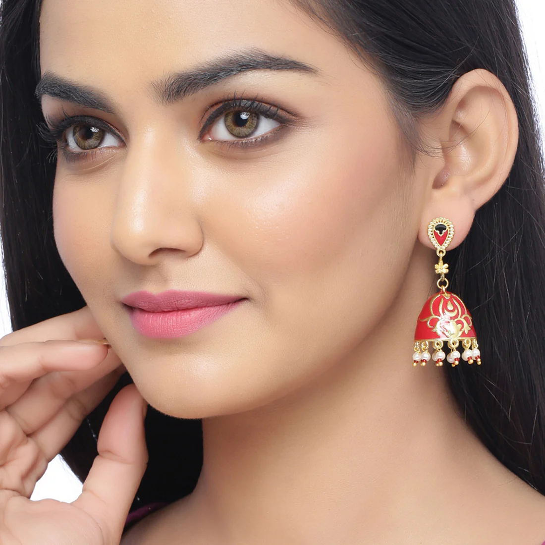 Tahira Enameled Brass Jhumka Earrings - Image 2