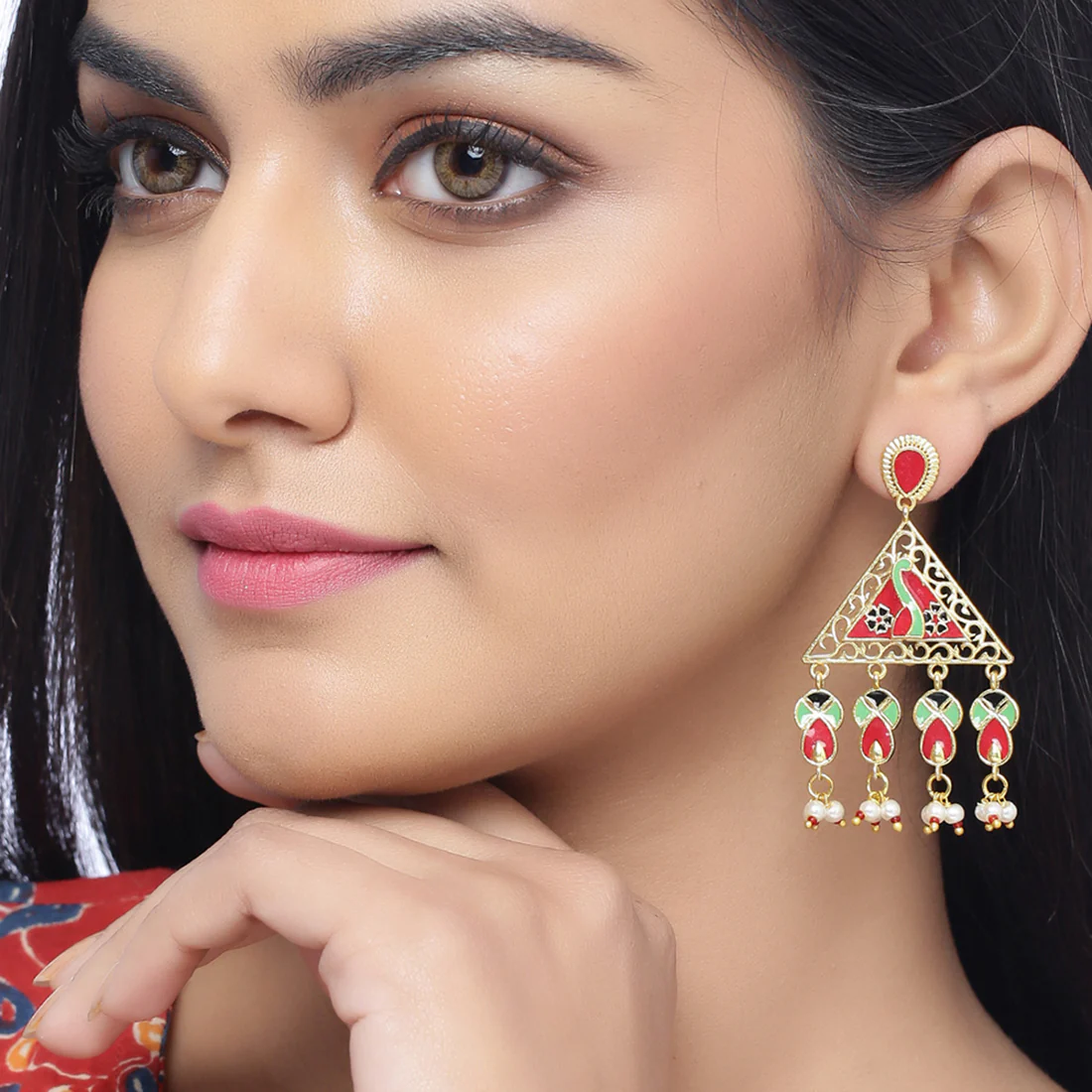 Tahira Glorious Red Trikone Earrings - Image 2