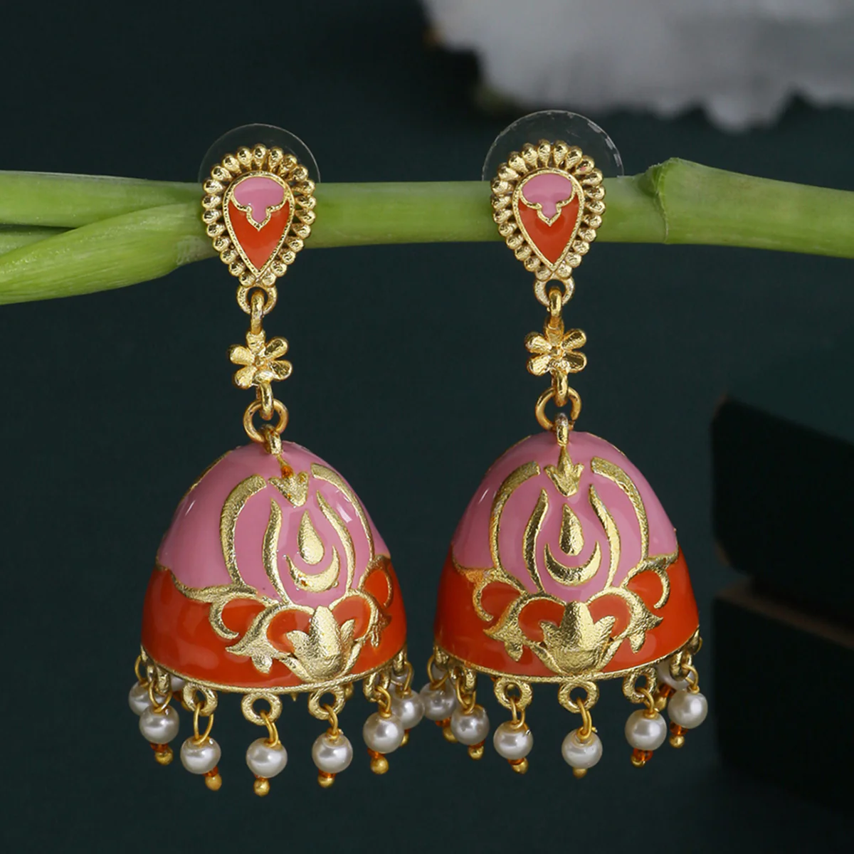 Tahira Gold and Orange Enameled Earrings