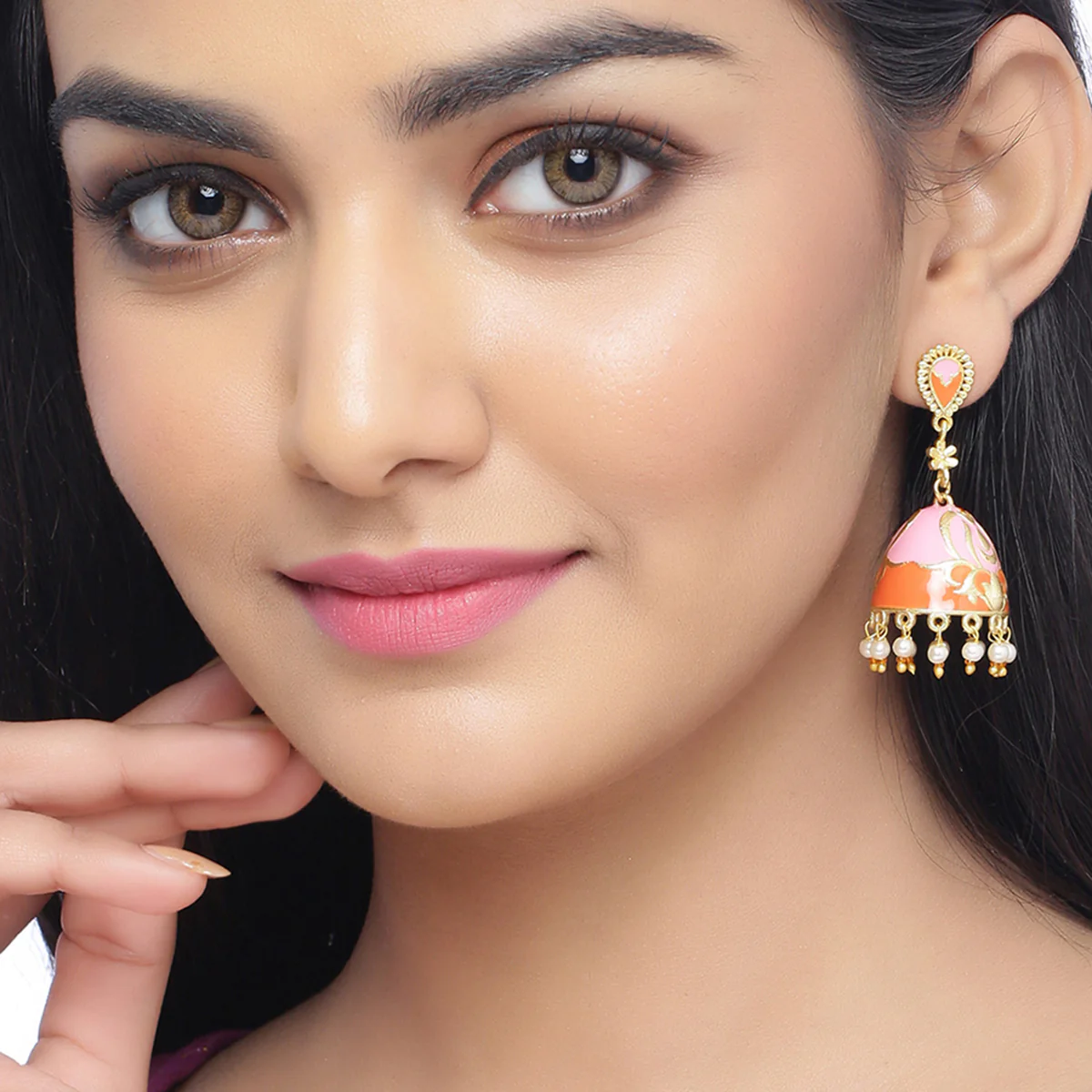 Tahira Gold and Orange Enameled Earrings - Image 2