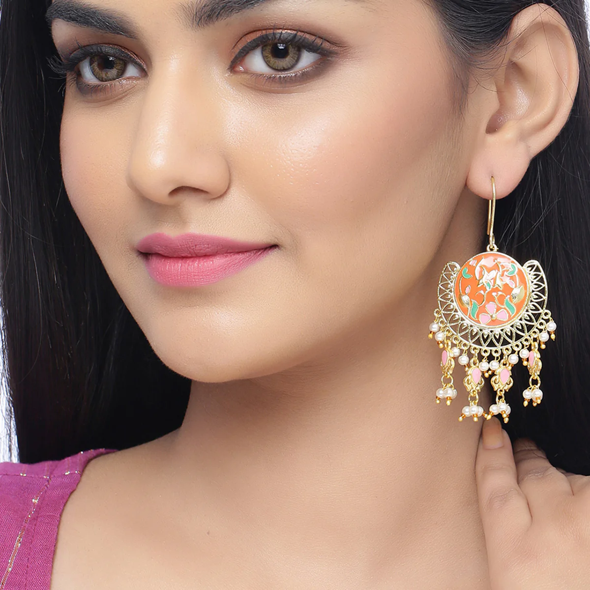 Tahira Orange Bloom Chand Bali Earrings - Image 2