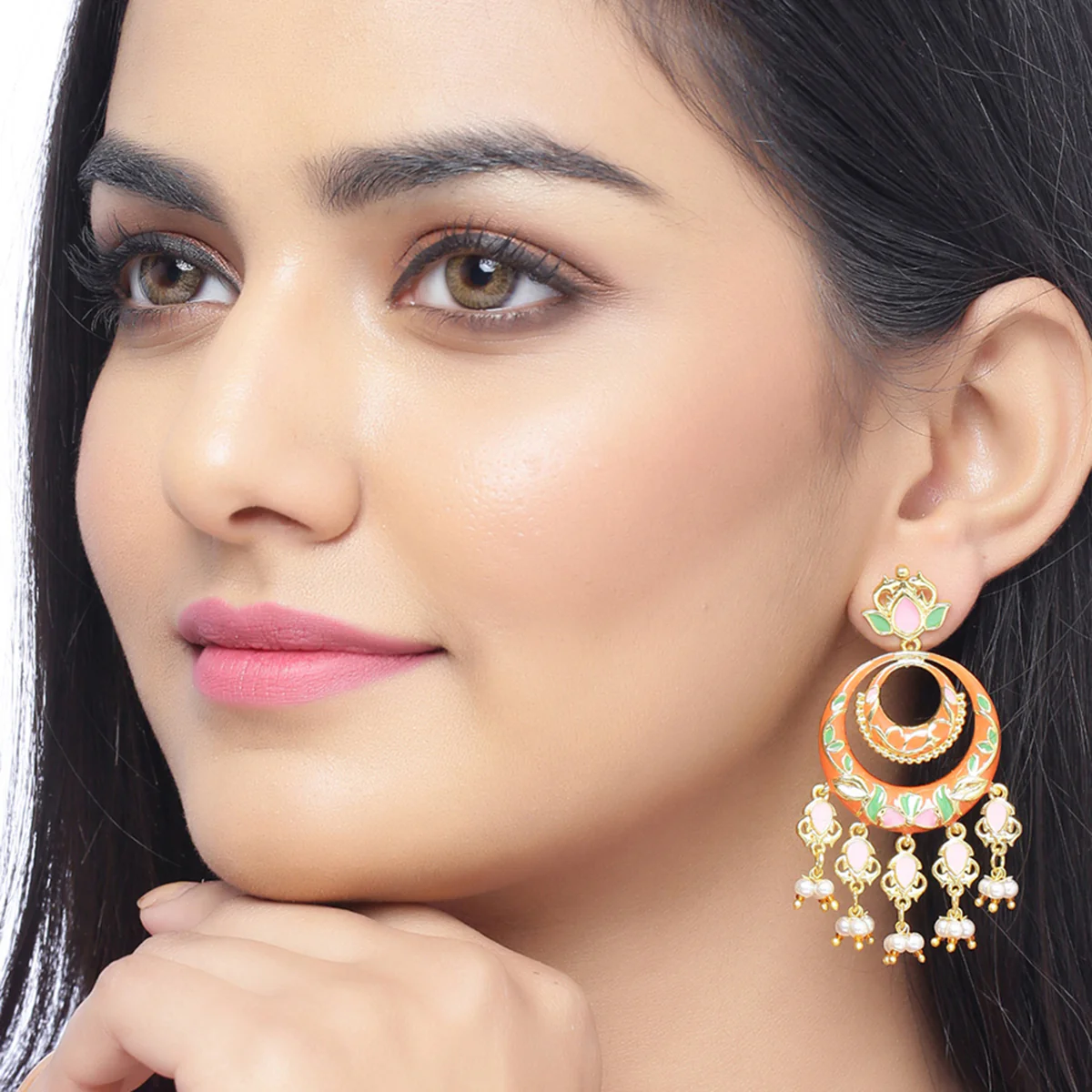 Tahira Pretty Pink Double Chand Bali - Image 2