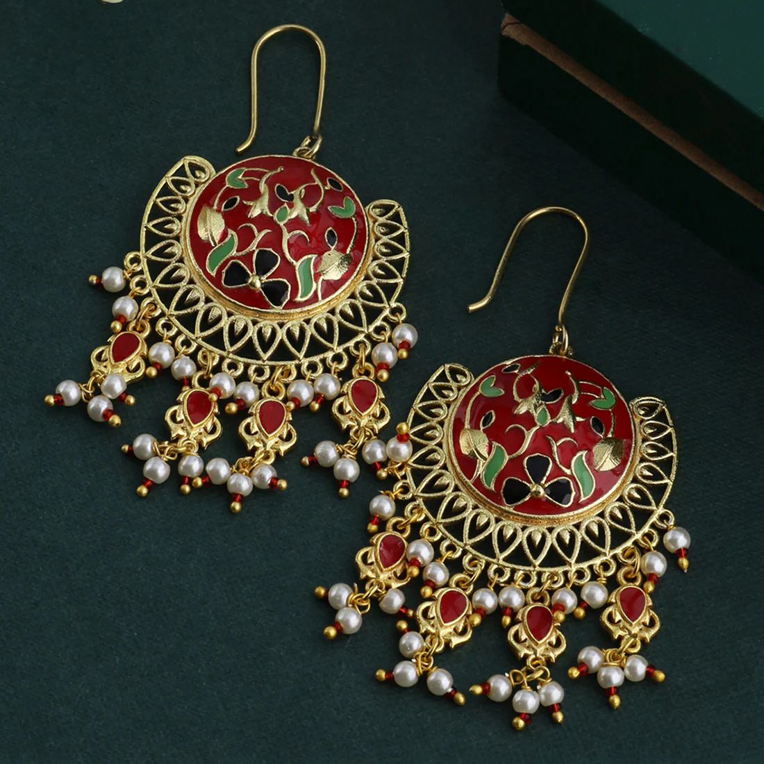 Tahira Red Bloom Chand Bali Earrings