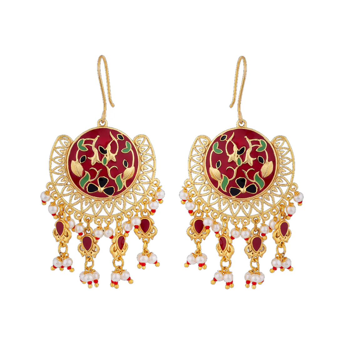 Tahira Red Bloom Chand Bali Earrings - Image 3