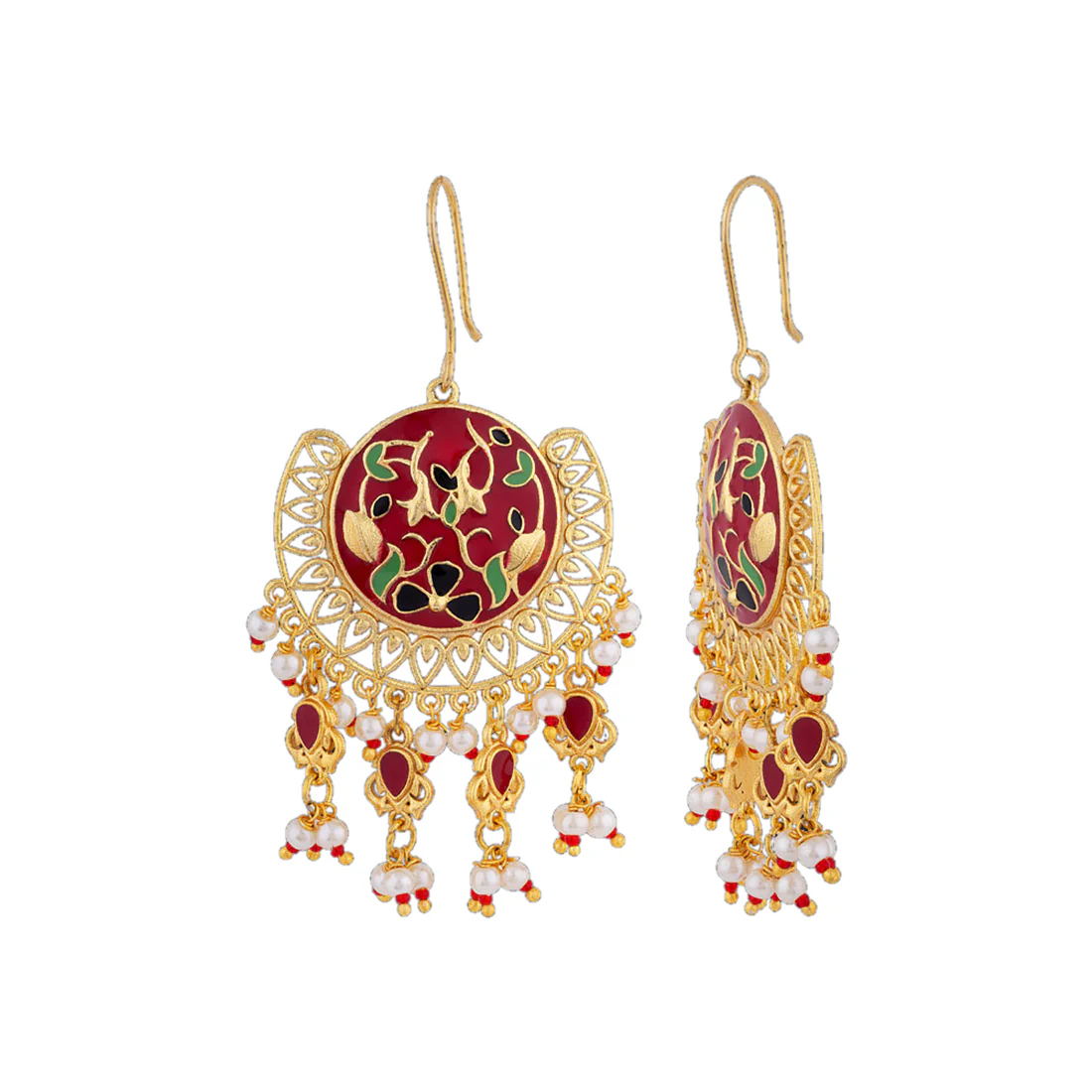 Tahira Red Bloom Chand Bali Earrings - Image 4