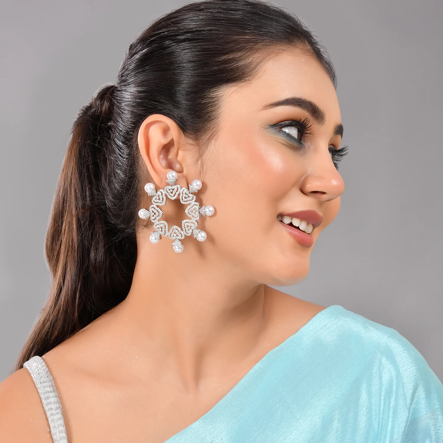 Taj Cz And White Pearls Edgy Earrings - Image 2