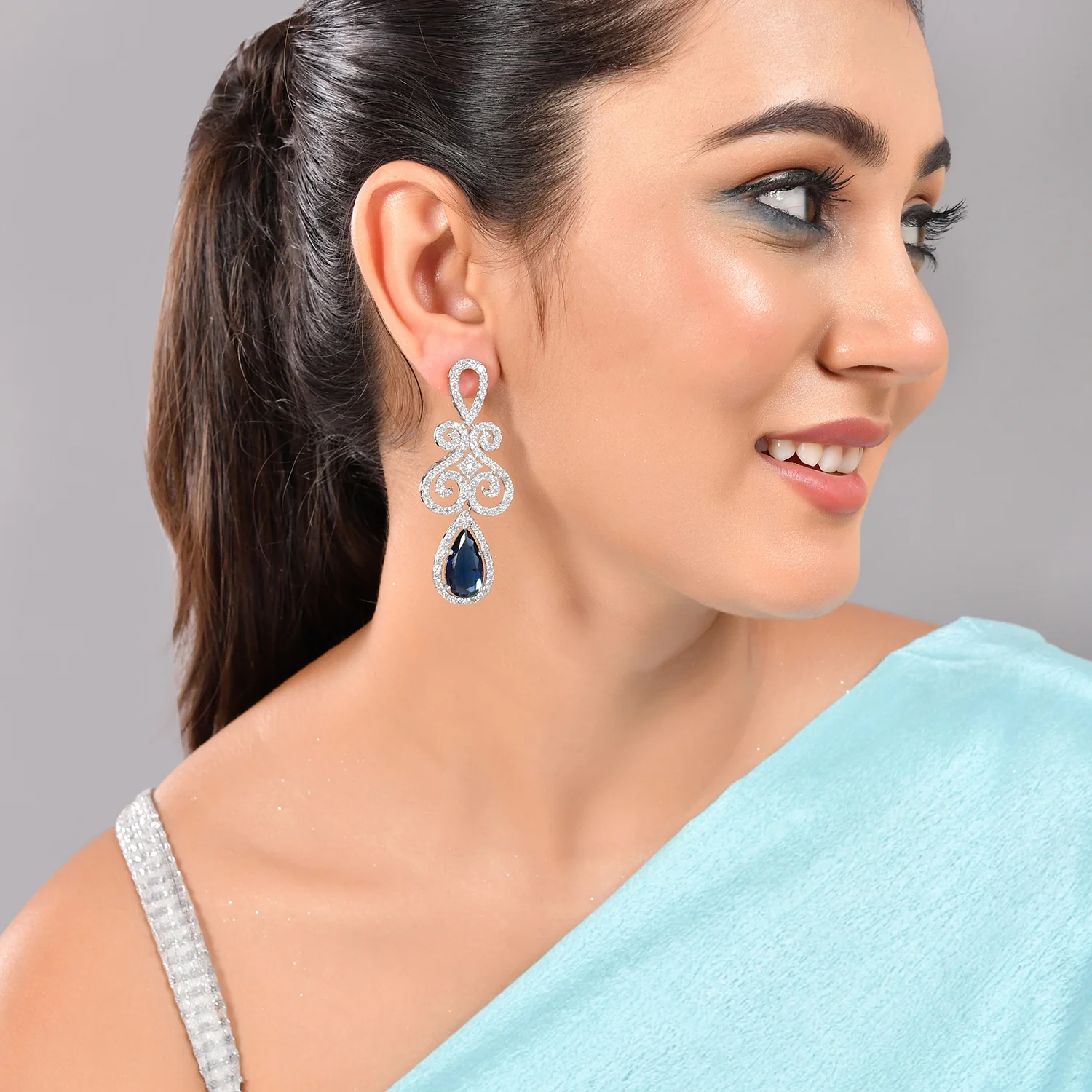 Taj Royal Blue And White Cz Drop Earrings - Image 2