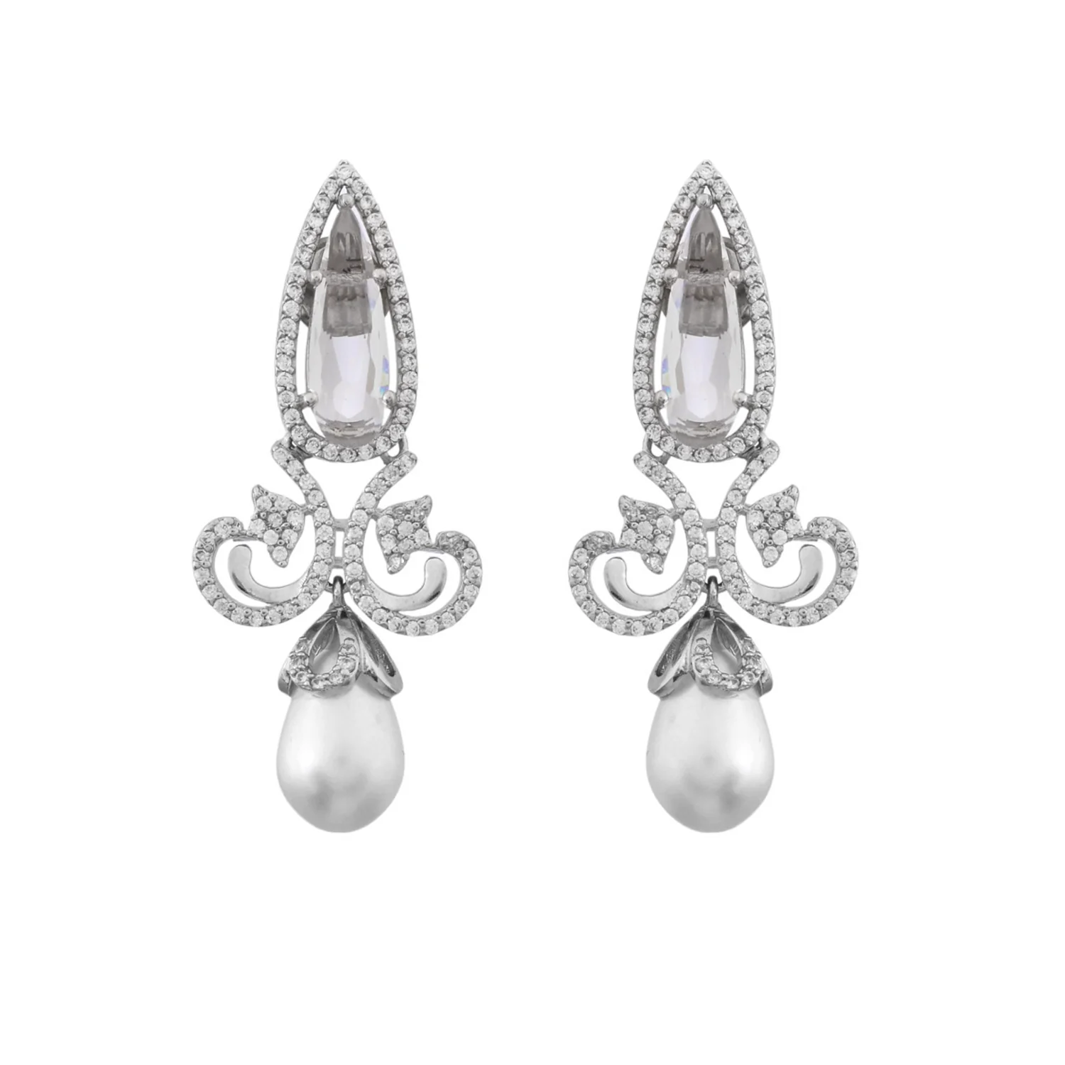 Taj Zirconia And White Pearls Antique Earrings - Image 4