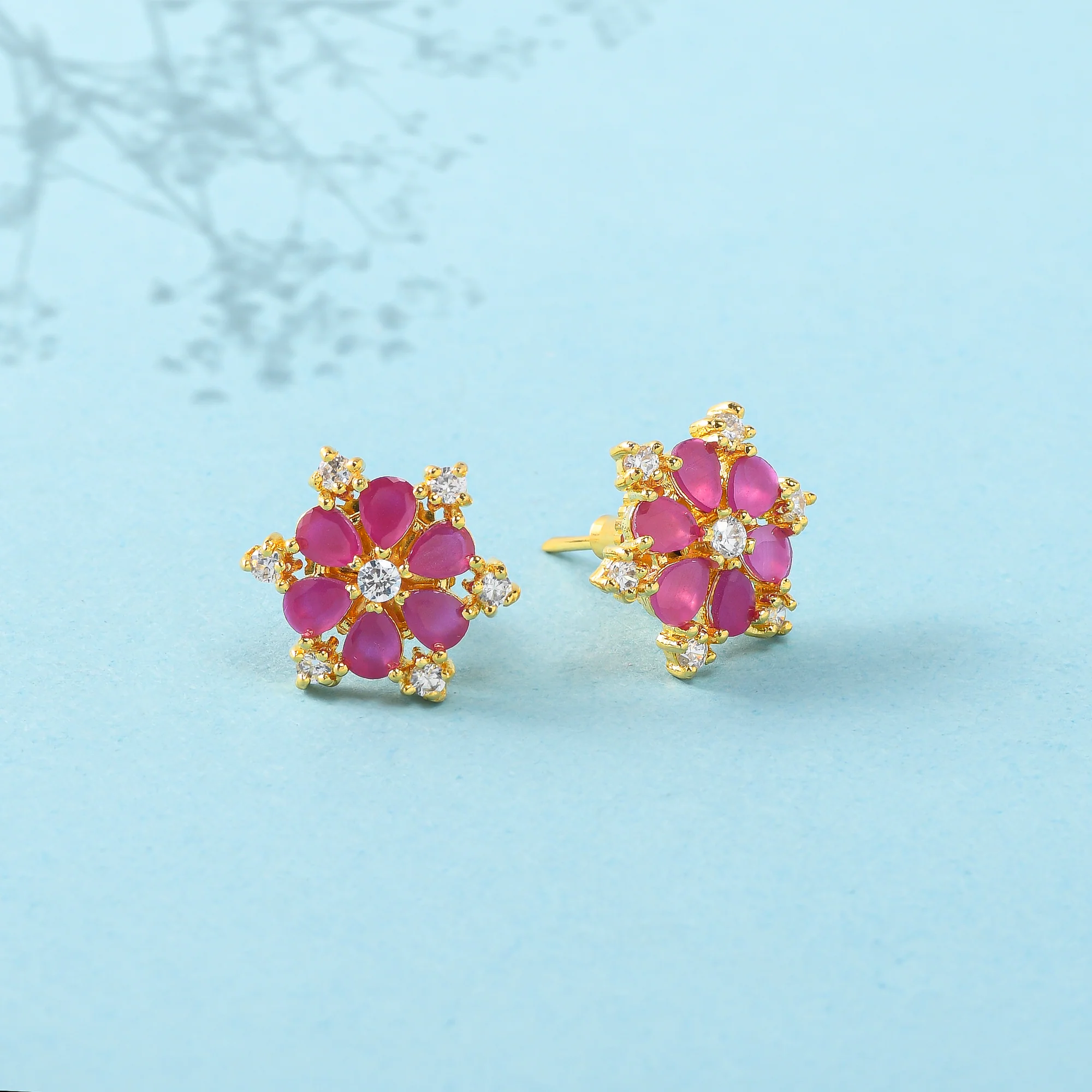 Teardrop and Round Cut Pink and White CZ Gems Stud Earrings