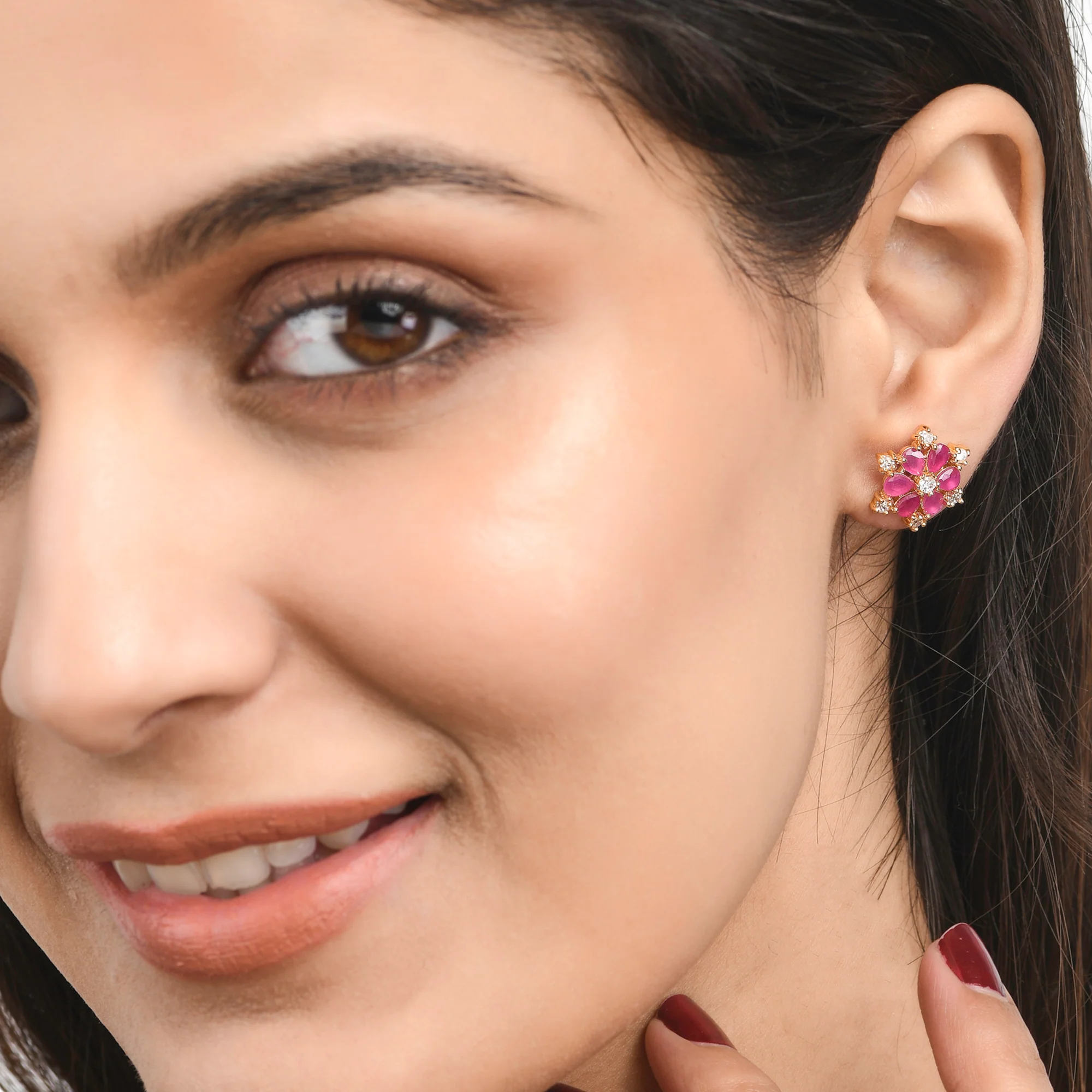 Teardrop and Round Cut Pink and White CZ Gems Stud Earrings - Image 2