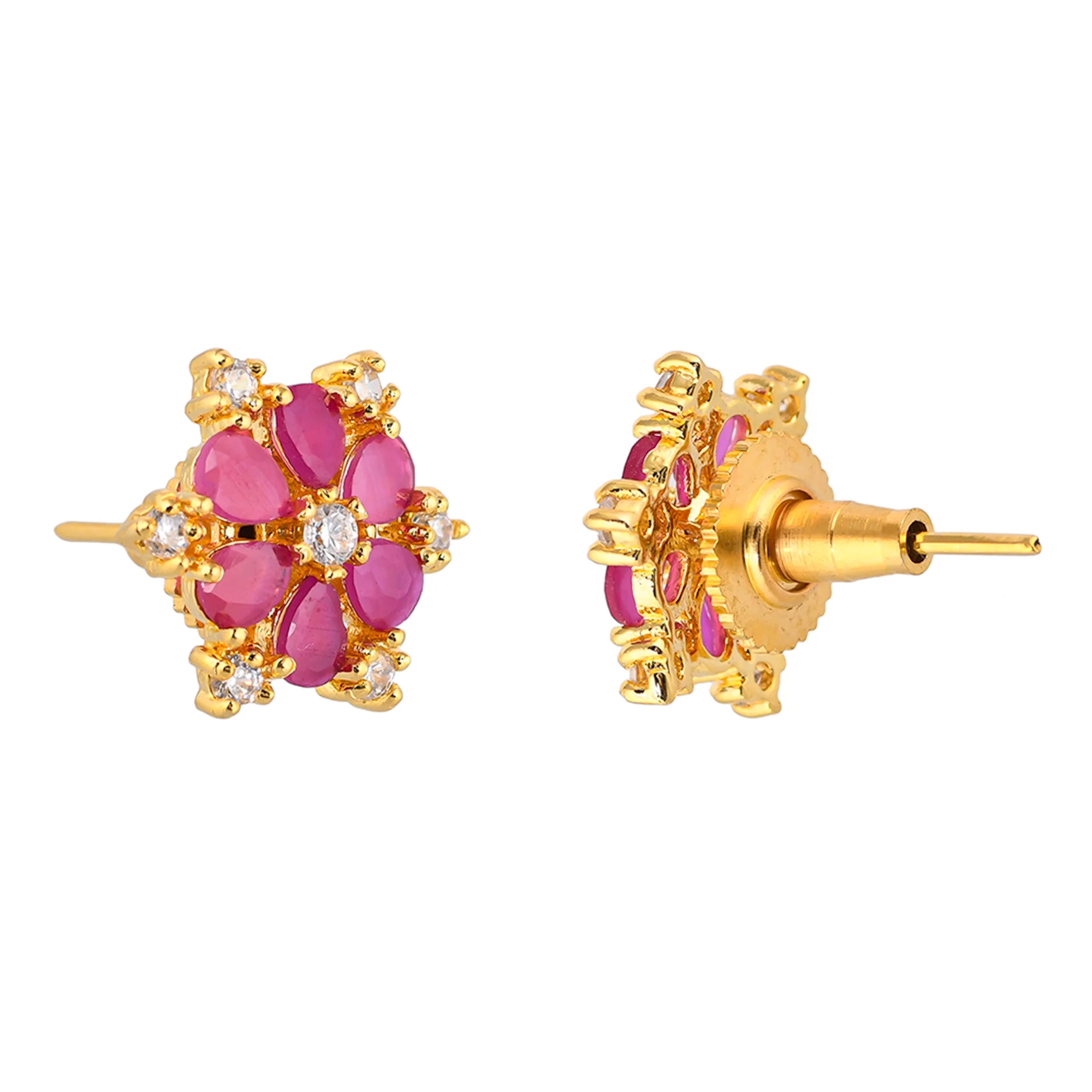 Teardrop and Round Cut Pink and White CZ Gems Stud Earrings - Image 5