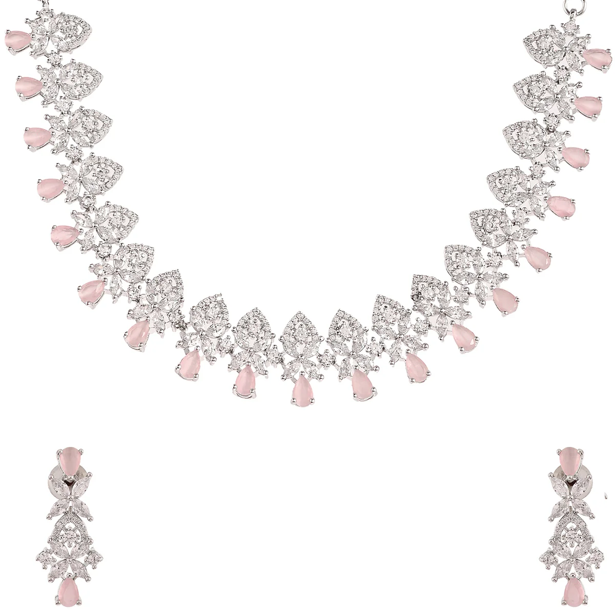 Teardrop CZ Adorned Brass Silver Plated Jewellery Set | Voylla - Image 3