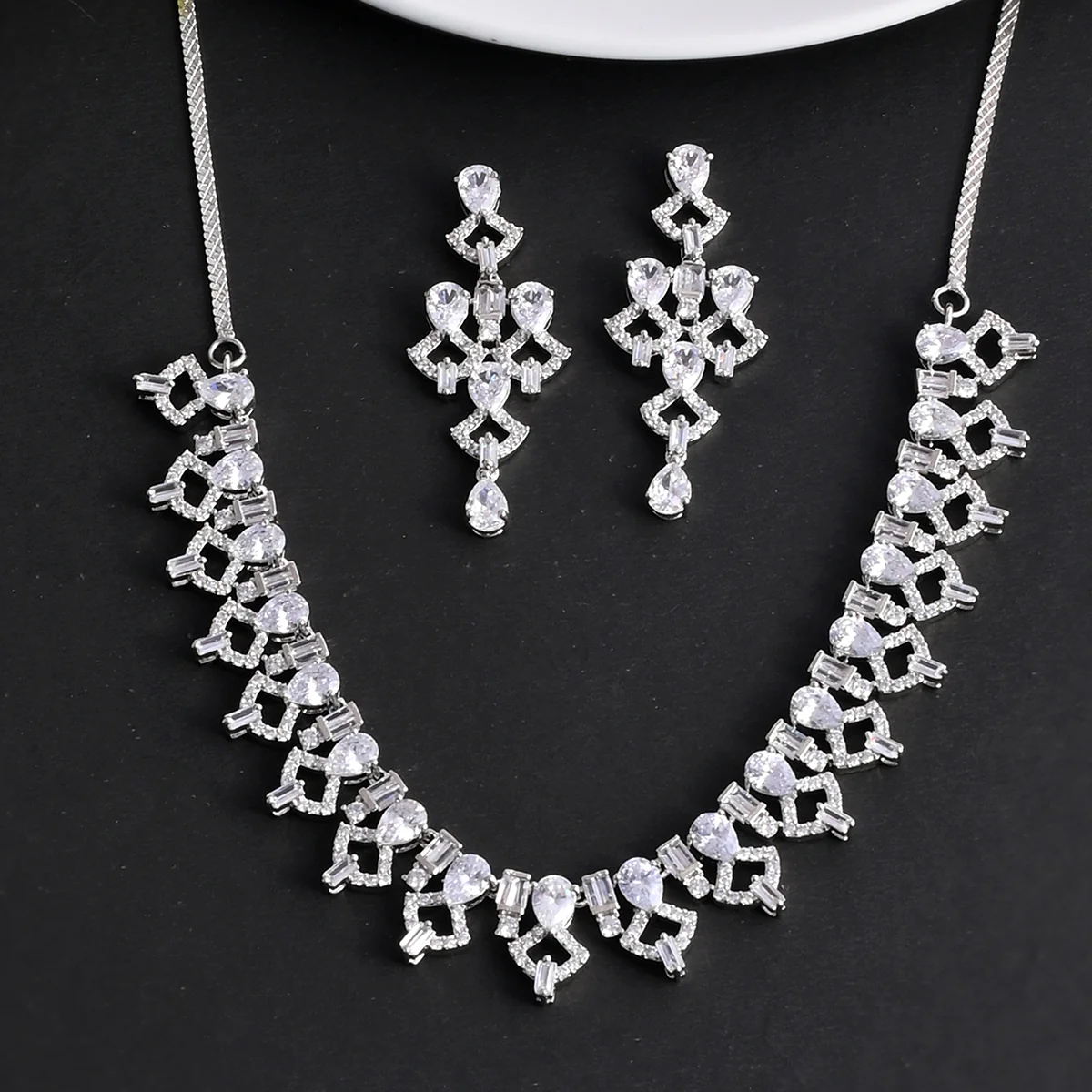 Silver Plated Brass Jewellery Set with Teardrop CZ Adornment