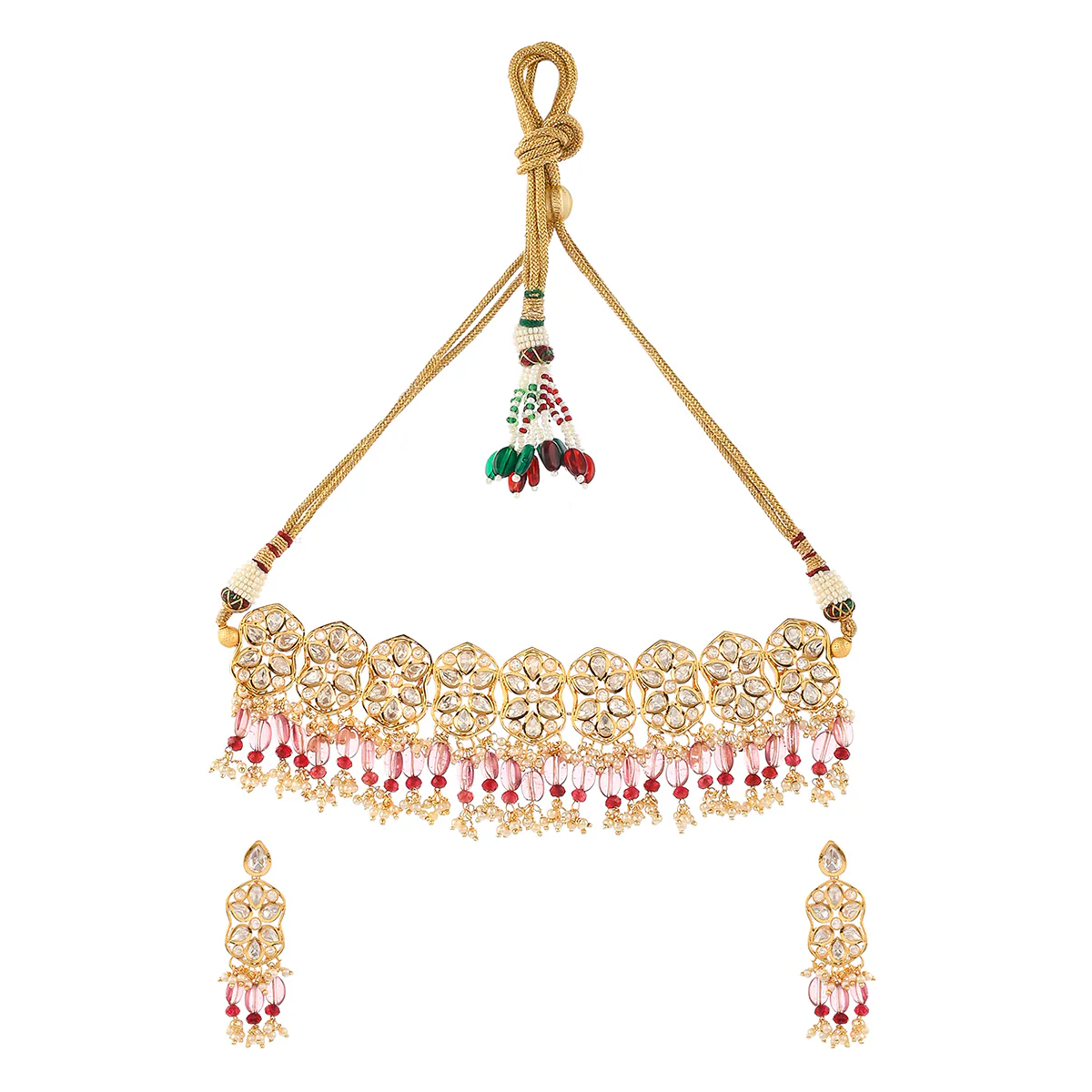 Teardrop Cut Faux Kundan Gold Toned Antique Jewellery Set - Image 3