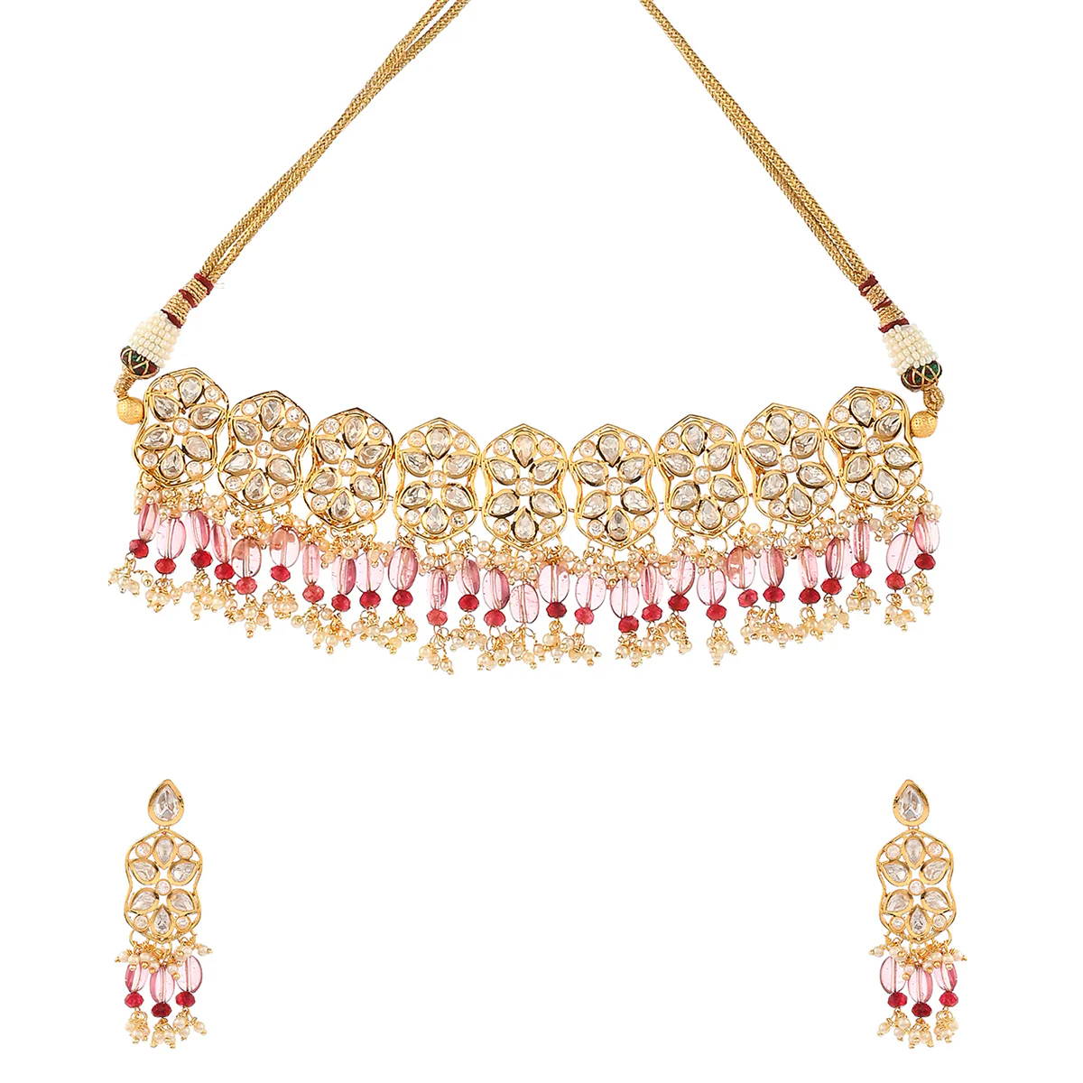 Teardrop Cut Faux Kundan Gold Toned Antique Jewellery Set - Image 4