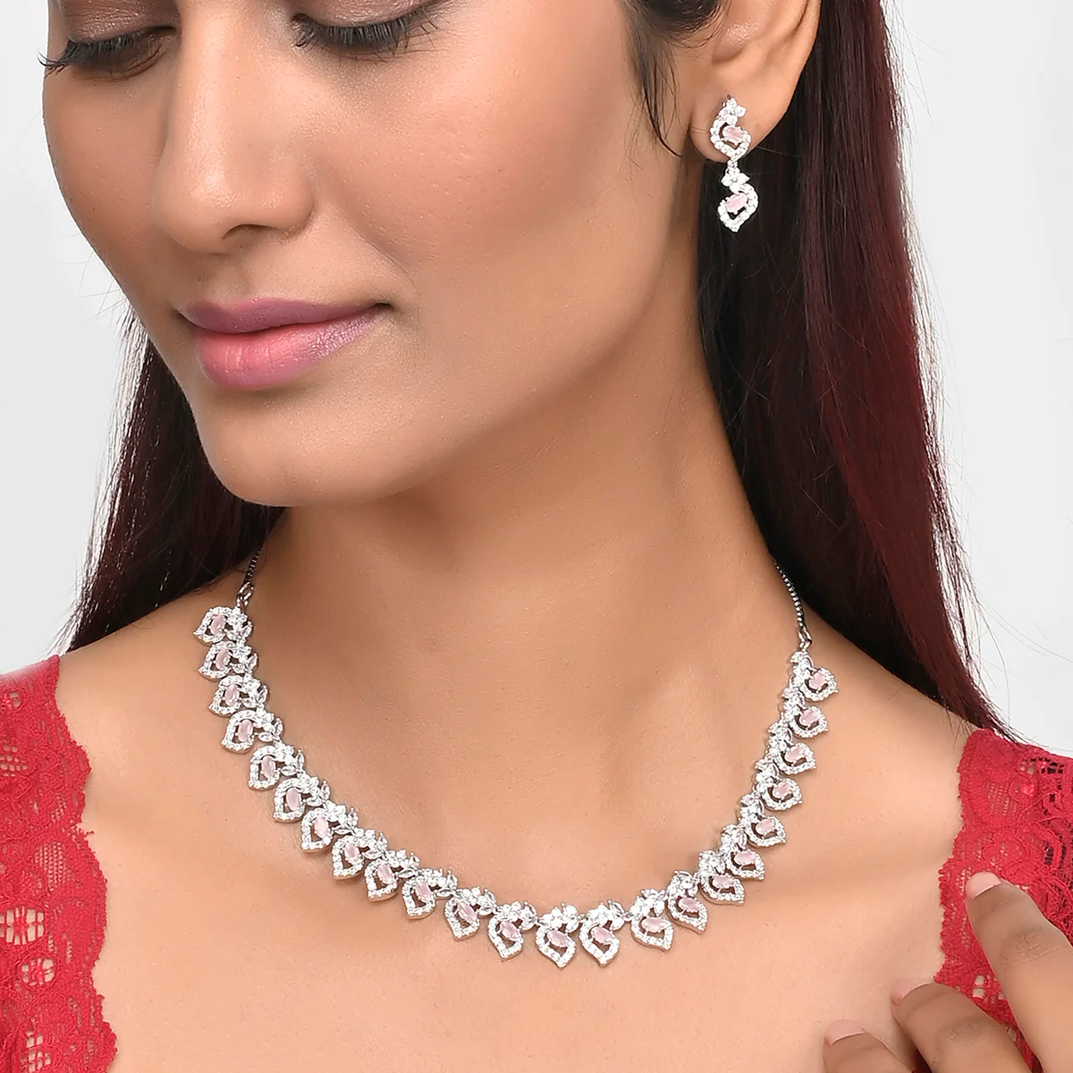 Teardrop Cut Zircons Adorned Brass Silver Plated Opulent Jewellery Set - Image 2
