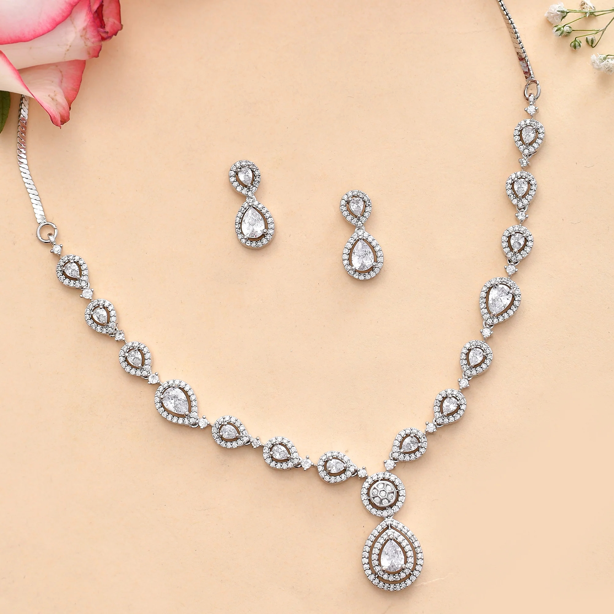 Teardrop Cut Zircons Adorned Silver Plated Jewellery Set