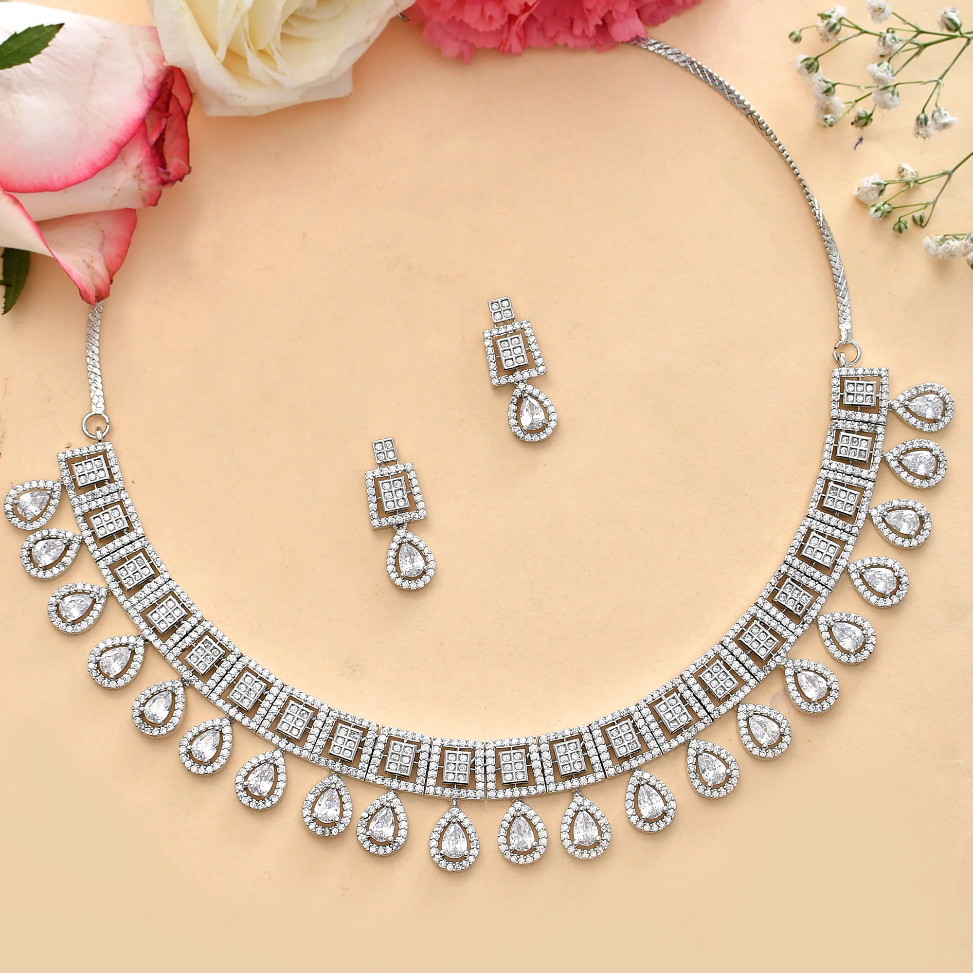 Teardrop Cut Zircons Silver Plated Brass Jewellery Set