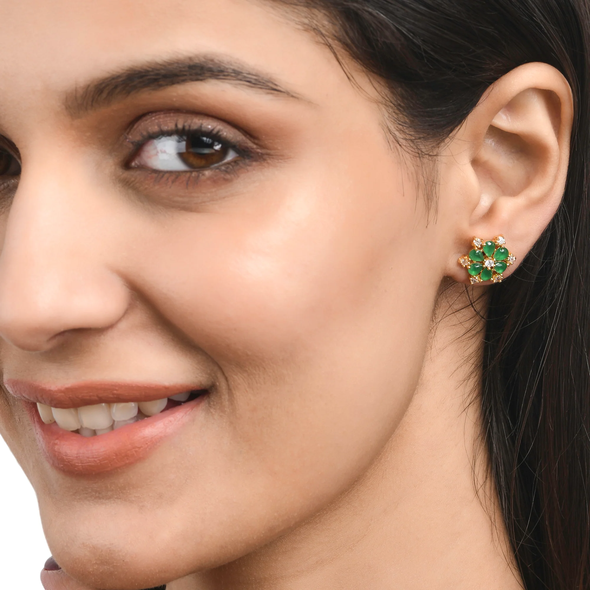 Teardrop Green and White Cluster Setting CZ Stud Earrings - Image 2