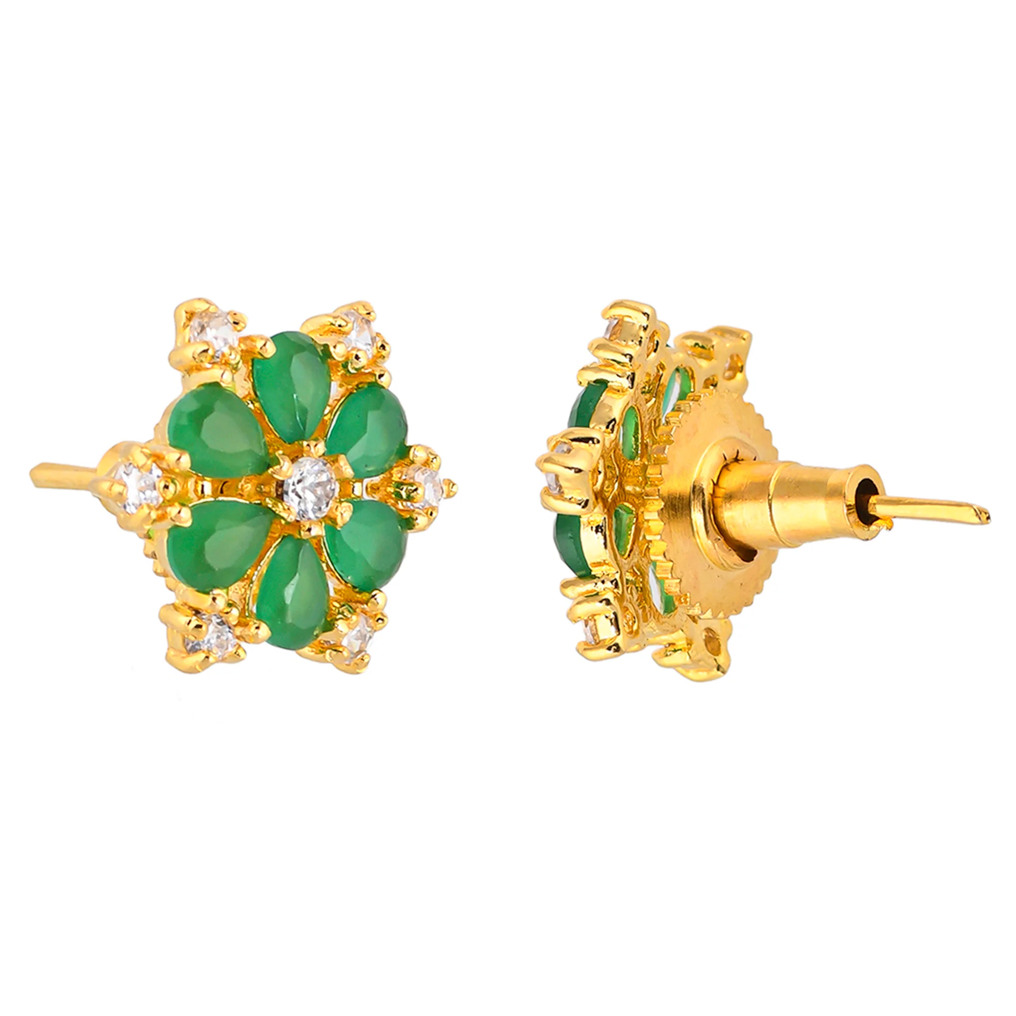 Teardrop Green and White Cluster Setting CZ Stud Earrings - Image 5