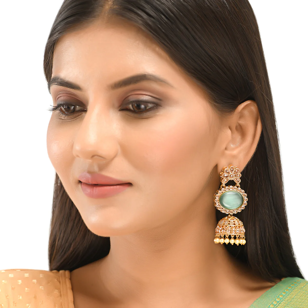 Teardrop Kundan and Faux Pearls Gold Plated Brass Jhumka Earrings - Image 2