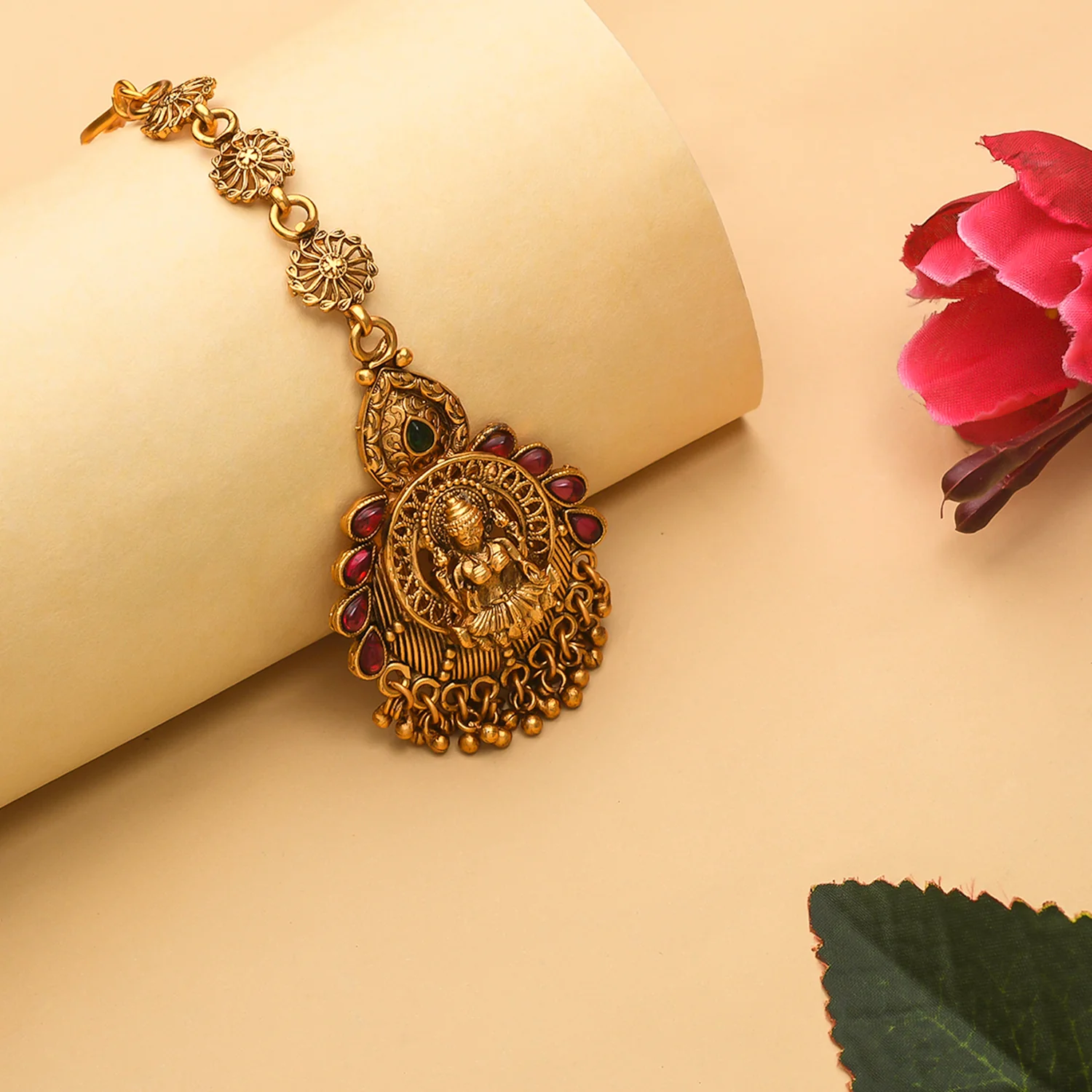 Teardrop Kundan Gems Goddess Lakshmi Motif Brass Gold Plated Maang Tika