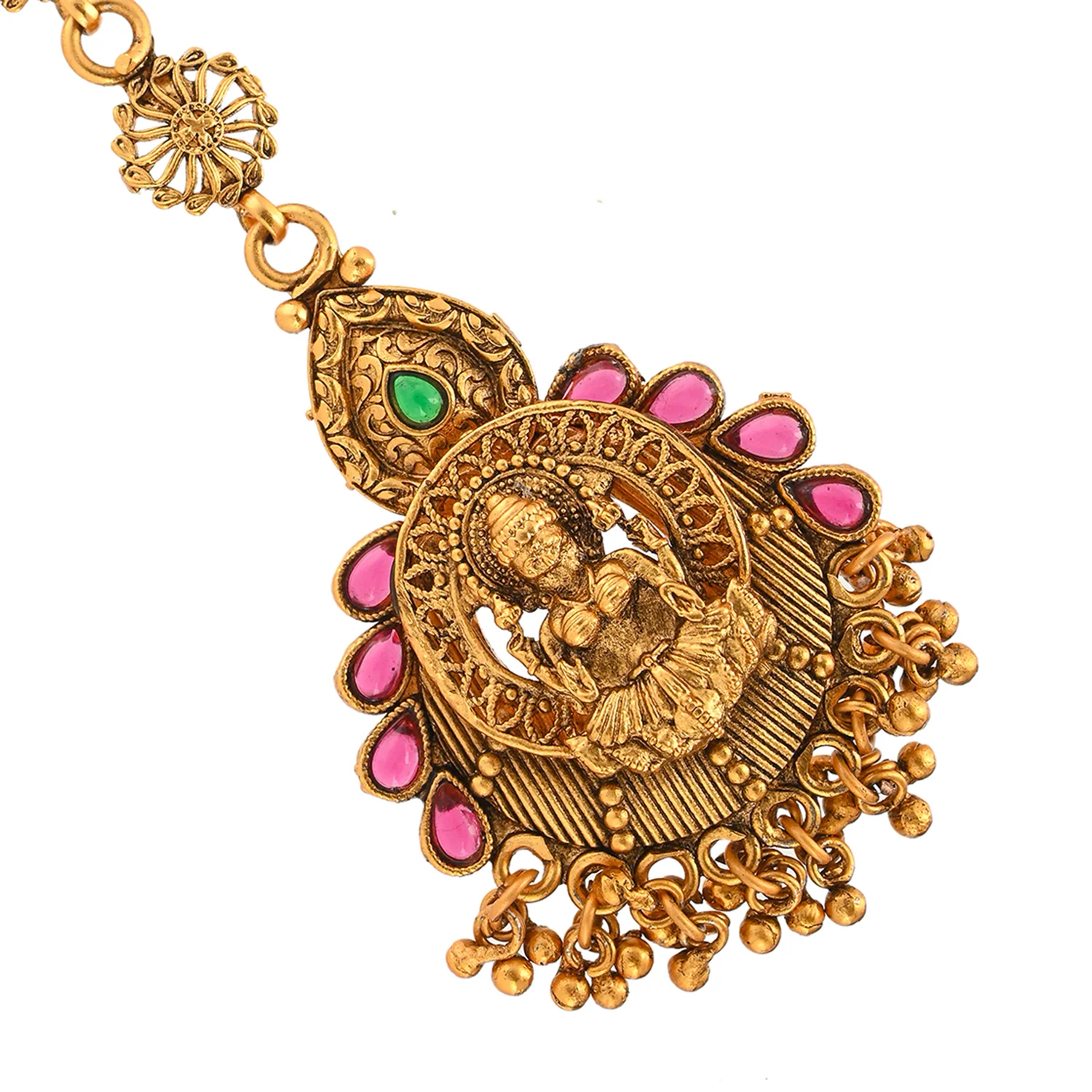 Teardrop Kundan Gems Goddess Lakshmi Motif Brass Gold Plated Maang Tika - Image 3