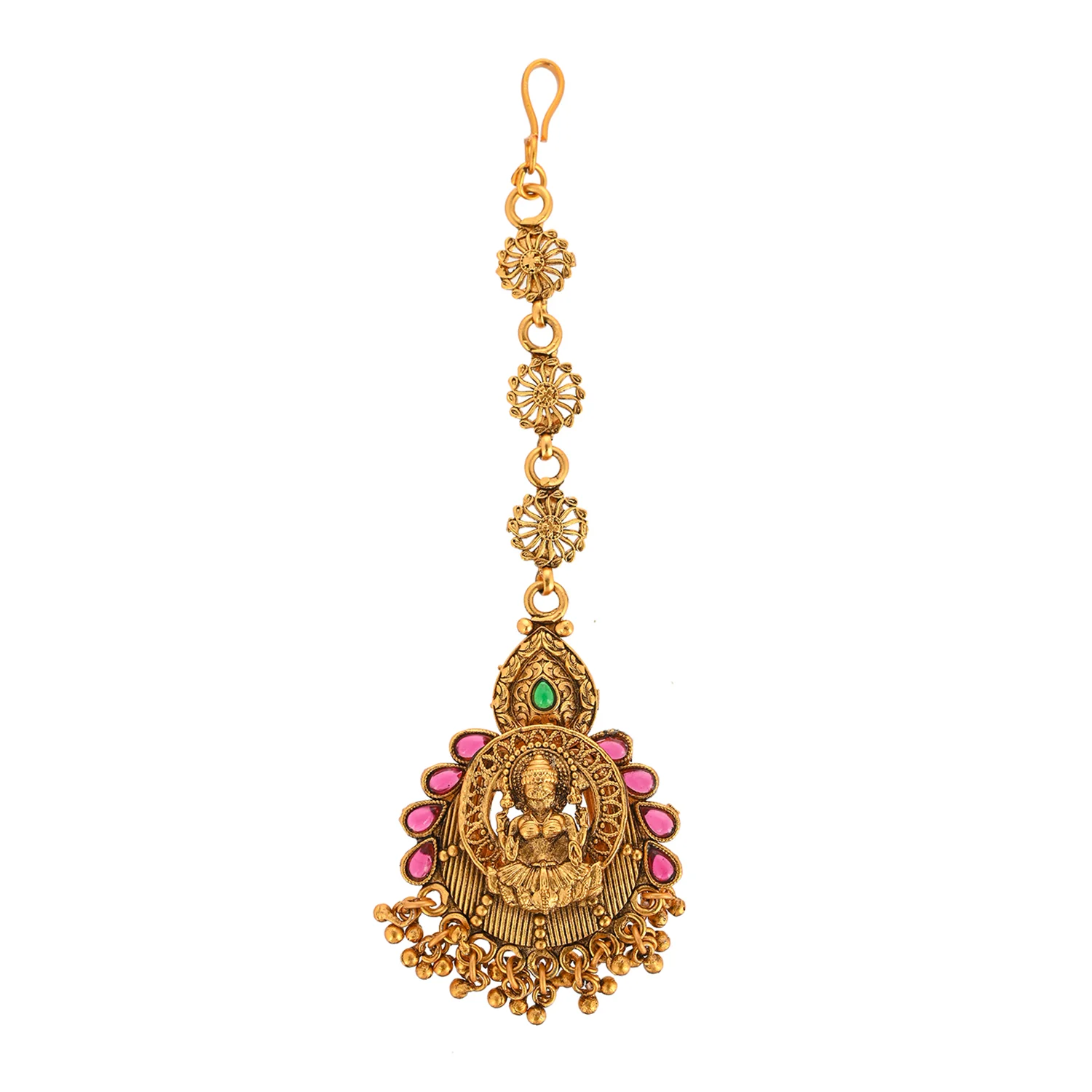 Teardrop Kundan Gems Goddess Lakshmi Motif Brass Gold Plated Maang Tika - Image 4