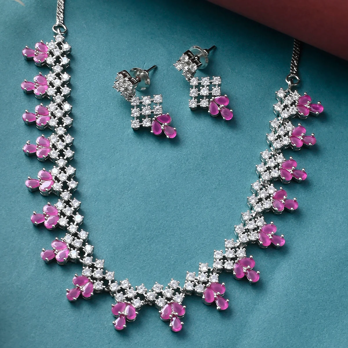 Teardrop Zircons Embellished Silver Plated Brass Jewellery Set