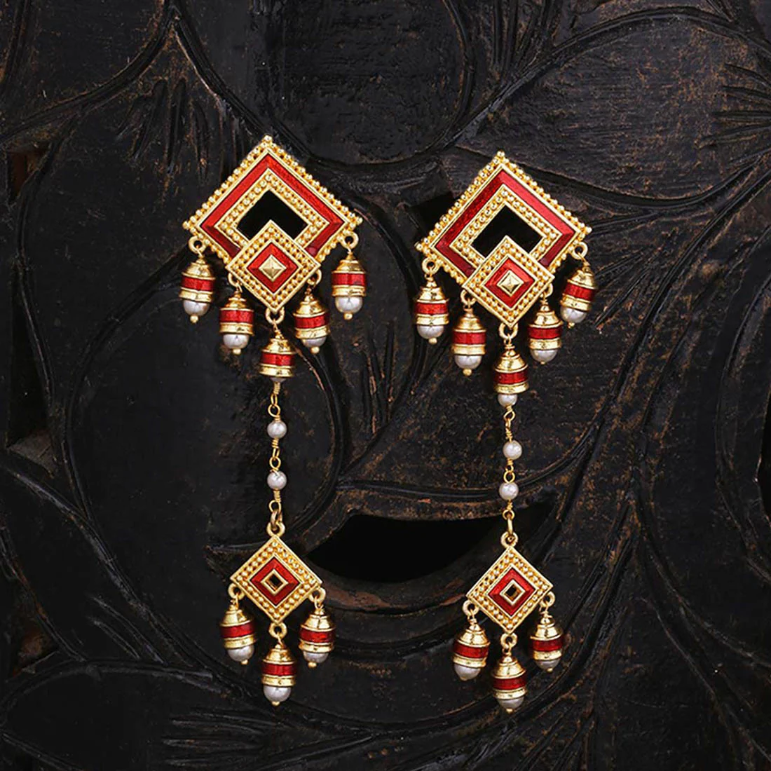 Temple Bell Enamel and Faux Pearls Earrings