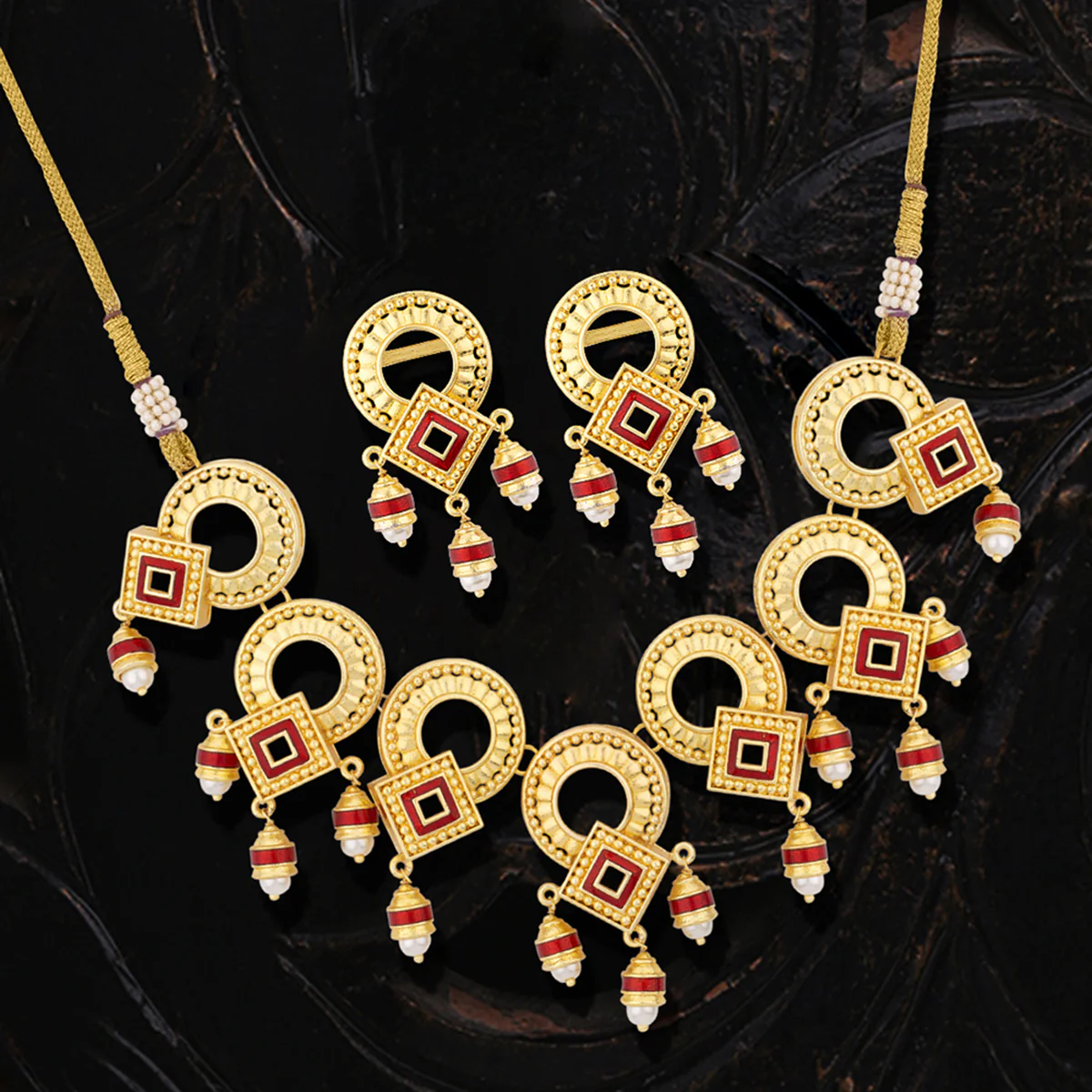 Temple Bell Faux Pearls Embellished Necklace Set
