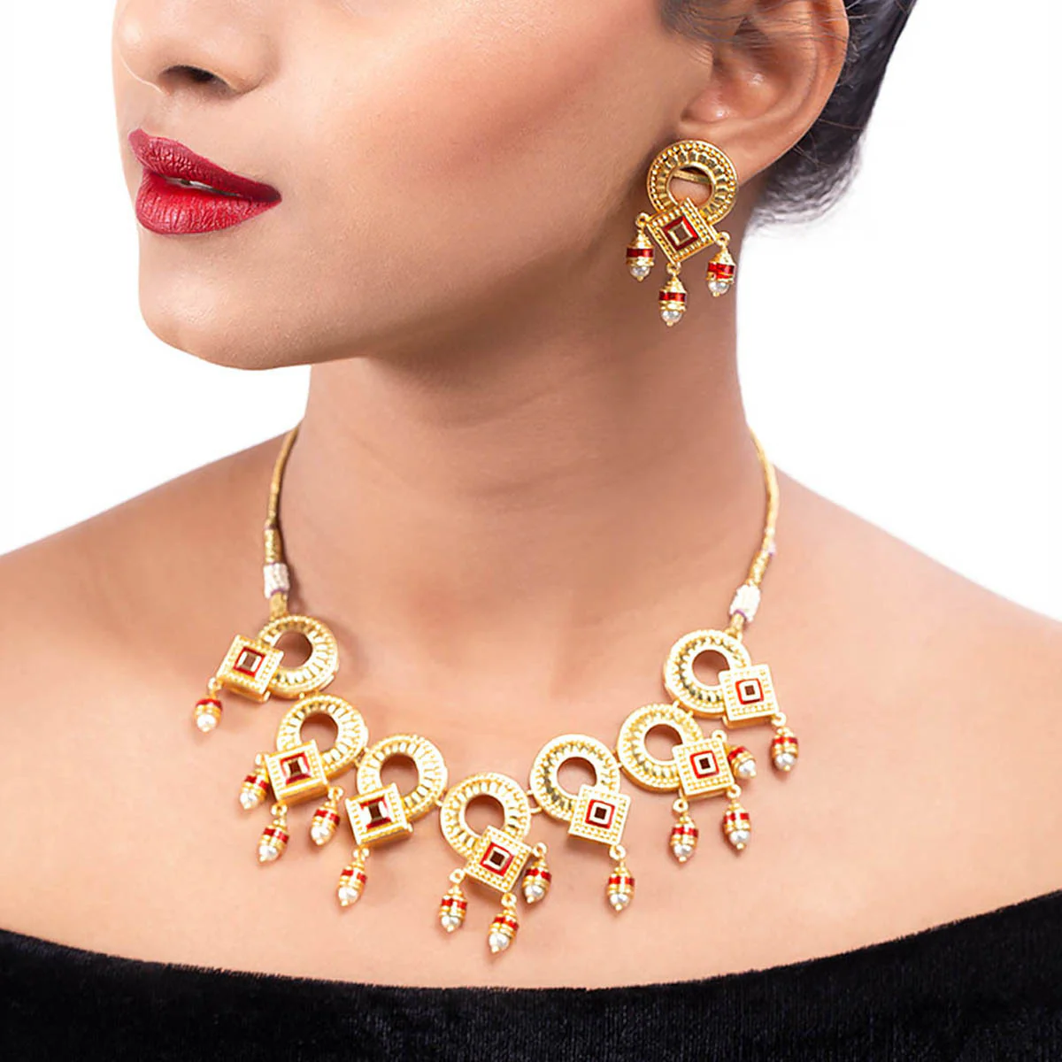 Temple Bell Faux Pearls Embellished Necklace Set - Image 2