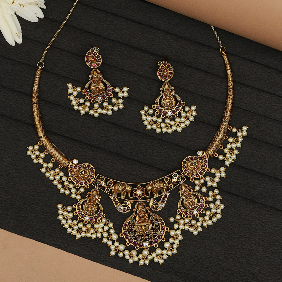 Temple Design Brass Faux Pearls Embellished Gold Plated Hasli Jewellery Set