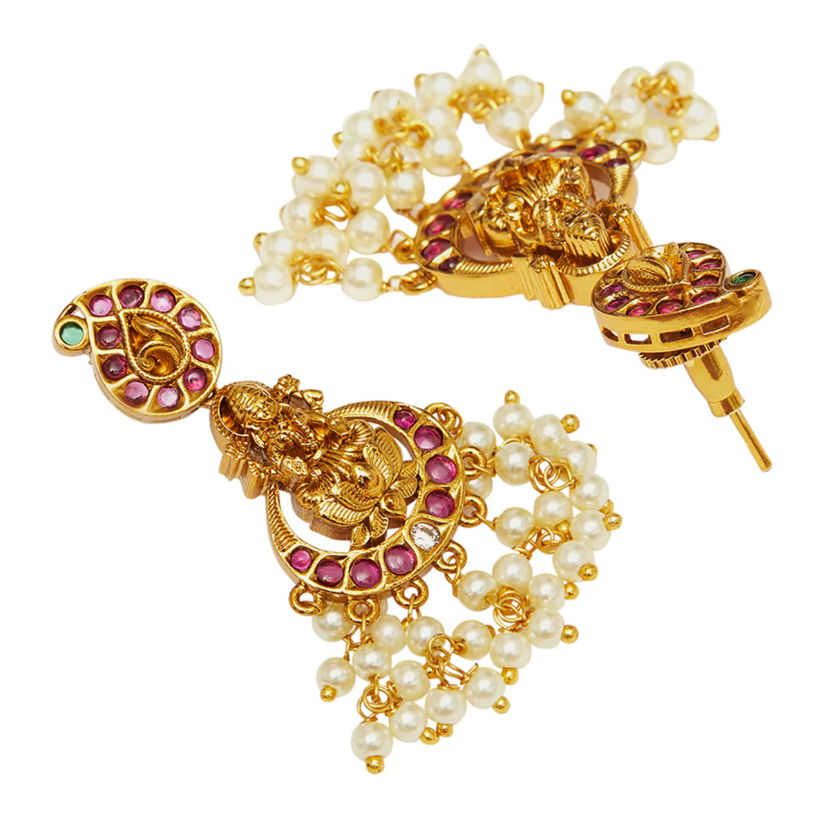 Temple Design Brass Faux Pearls Embellished Gold Plated Hasli Jewellery Set - Image 5