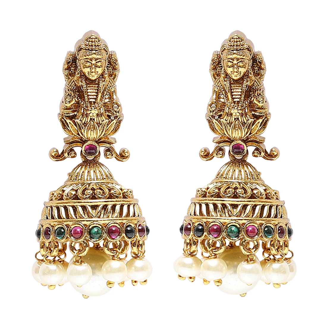 Temple Design Goddess Motifs Faux Pearls Brass Gold Plated Jewellery Set - Image 5