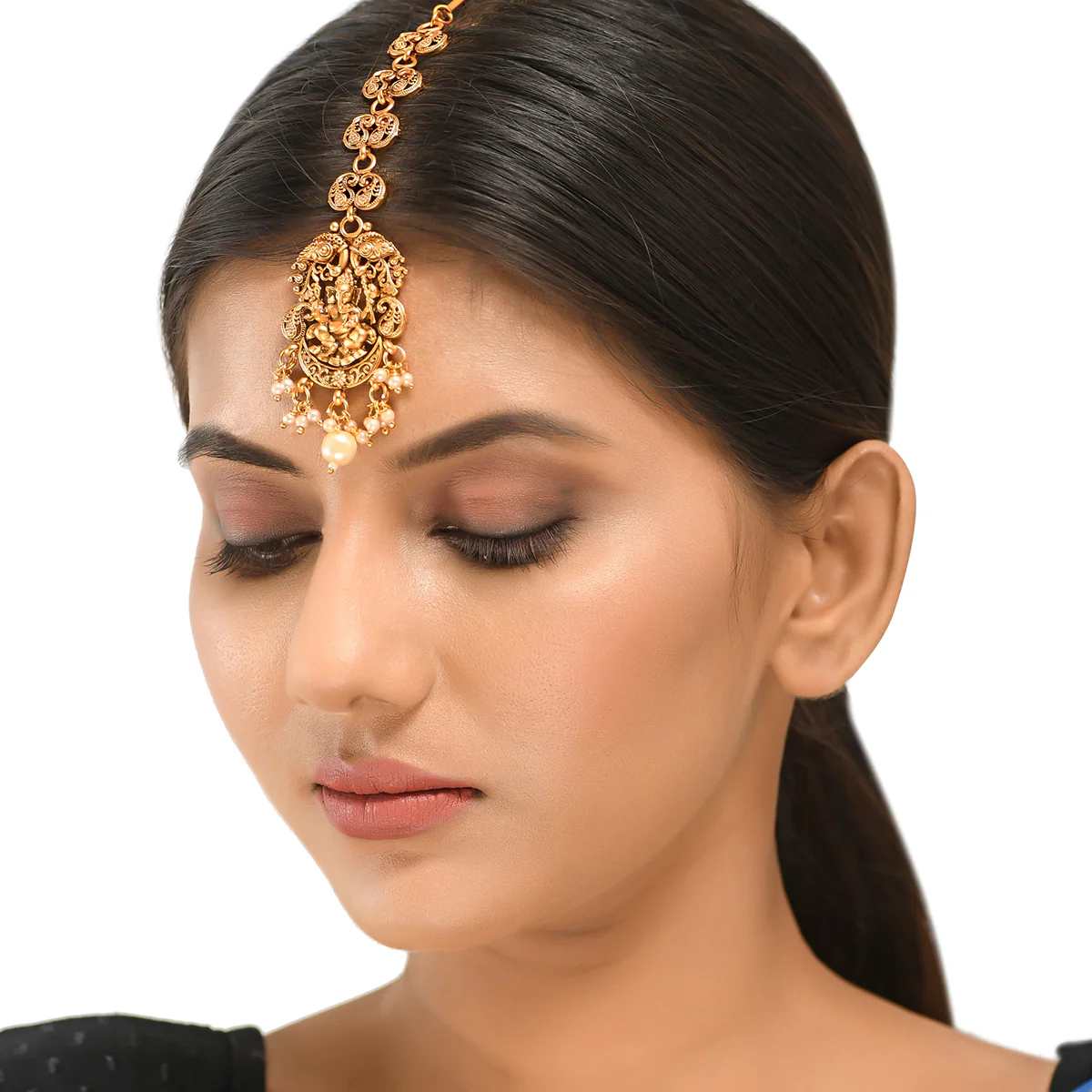 Temple Ganesh Motif Faux Pearls Brass Gold Plated Maang Tika - Image 5