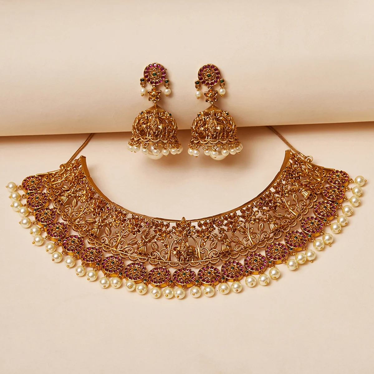 Temple Inspired Faux Pearls and CZ Gems Brass Gold Plated Jewellery Set