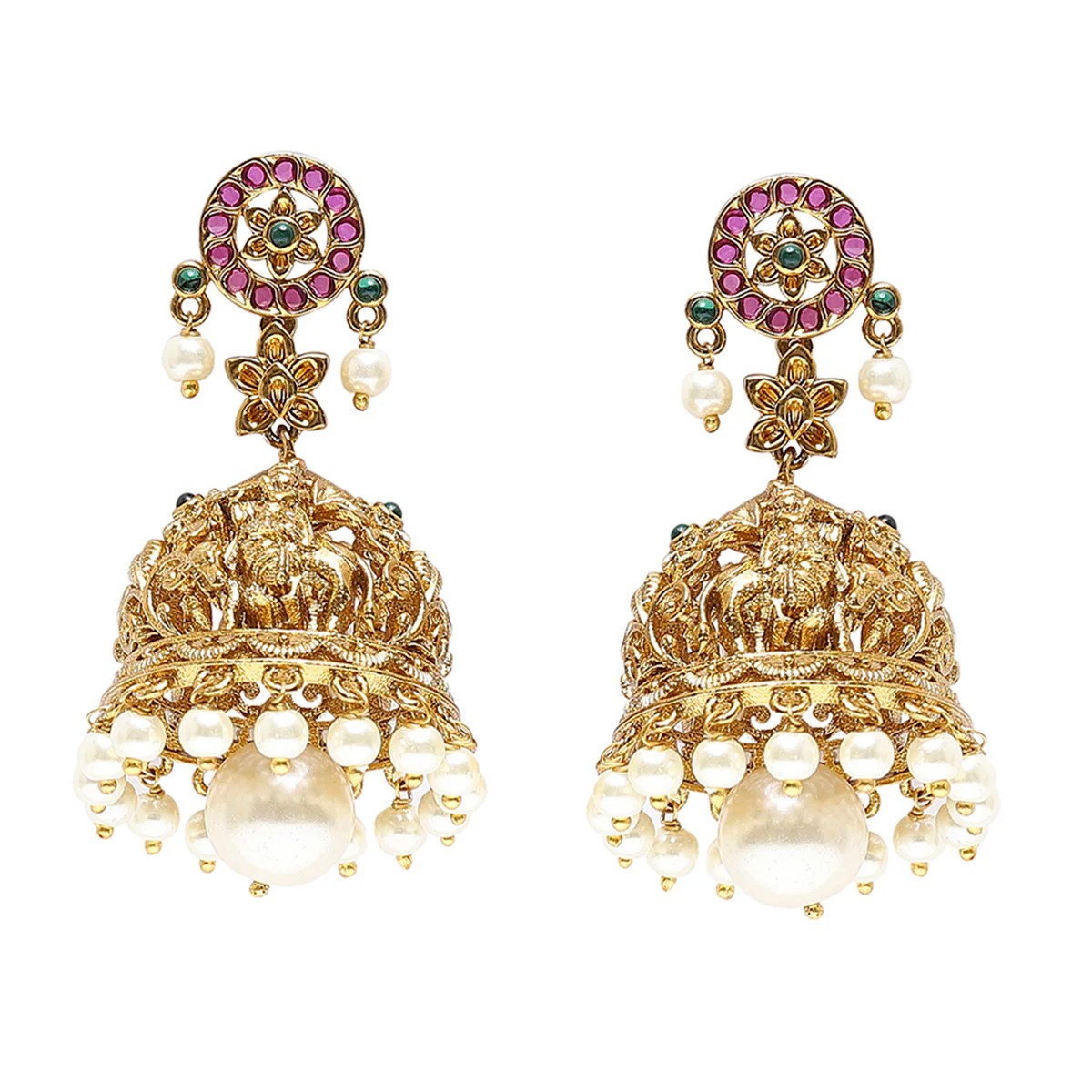 Temple Inspired Faux Pearls and CZ Gems Brass Gold Plated Jewellery Set - Image 5