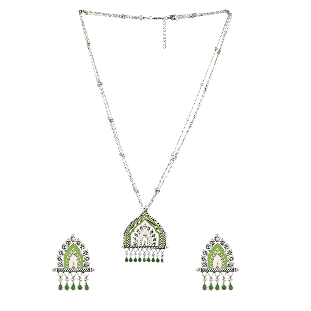 Festive Hues Green Gems Adorned Enamelled Silver Plated Jewellery Set - Image 3