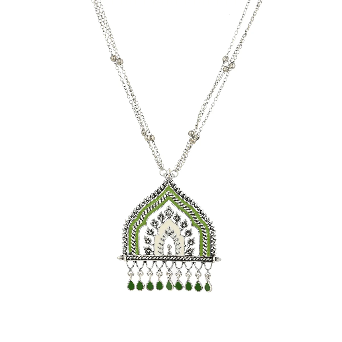 Festive Hues Green Gems Adorned Enamelled Silver Plated Jewellery Set - Image 4