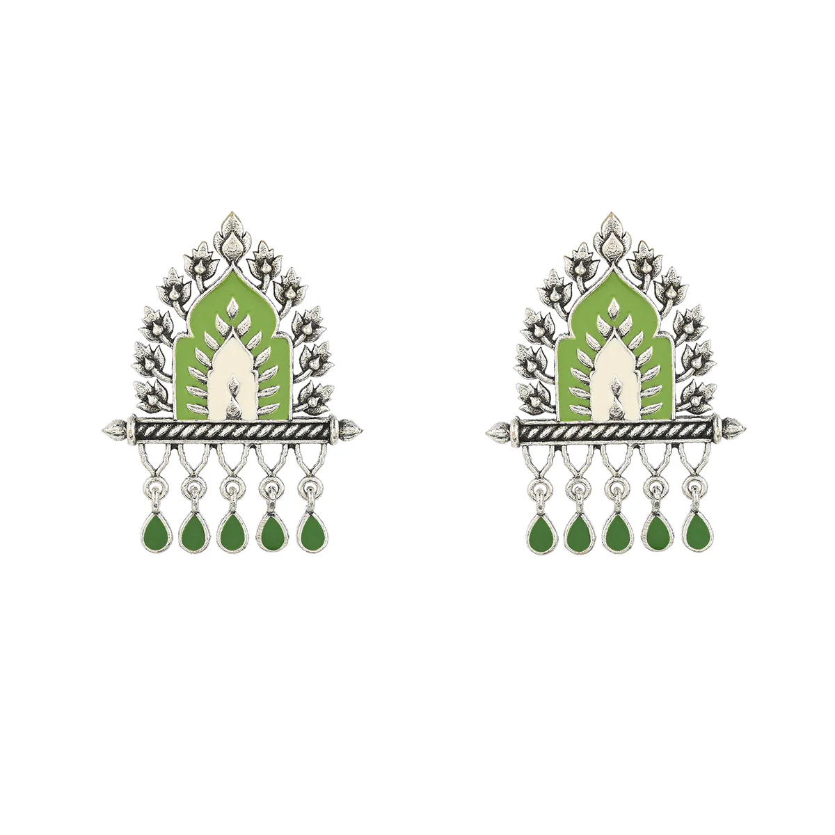 Festive Hues Green Gems Adorned Enamelled Silver Plated Jewellery Set - Image 5