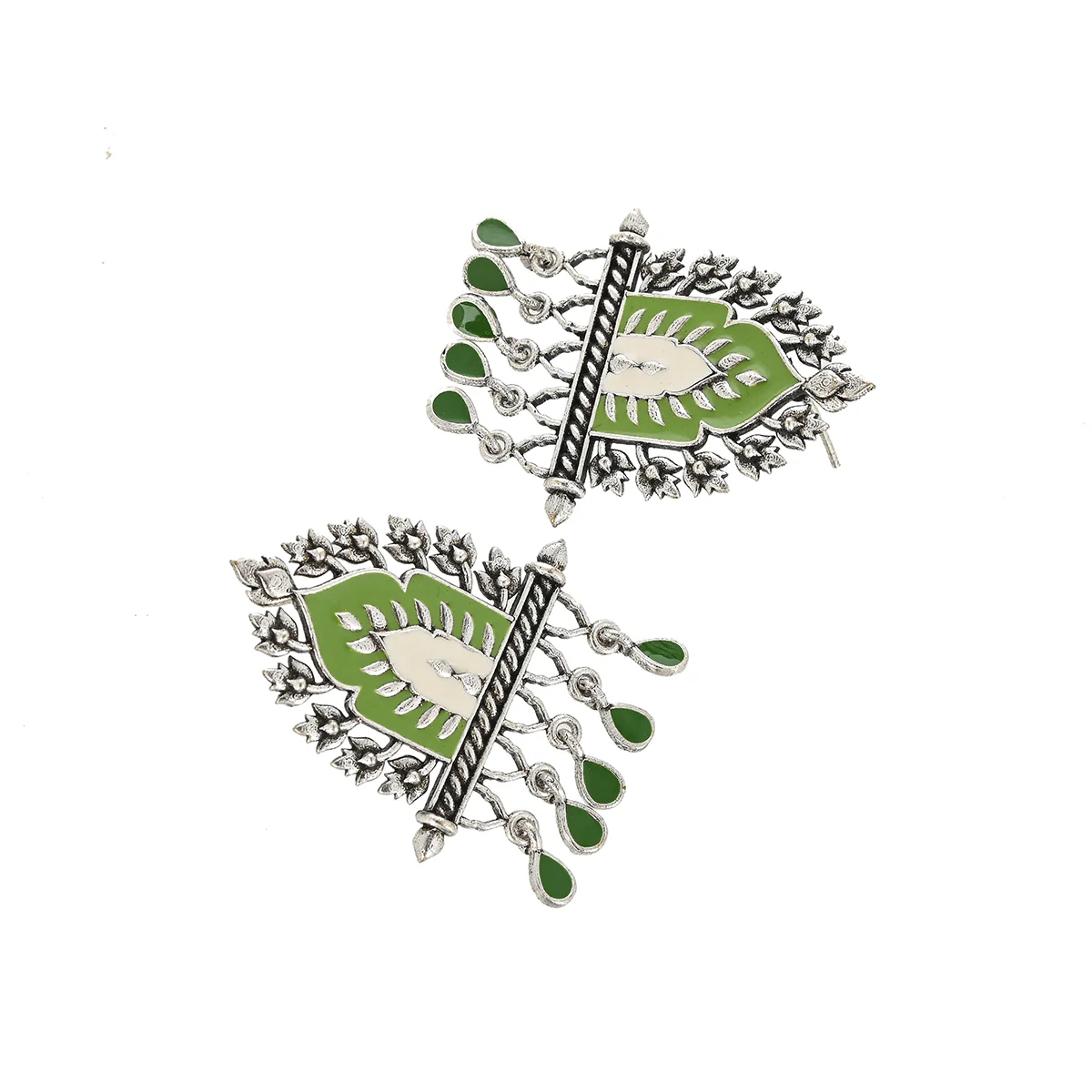 Festive Hues Green Gems Adorned Enamelled Silver Plated Jewellery Set - Image 6