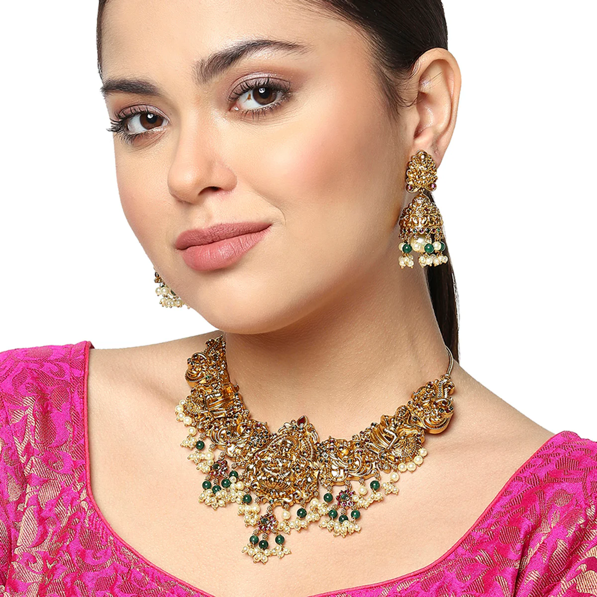 Temple Jewellery Designs Inspired Brass Heavily Embellished Gold Plated Jewellery Set - Image 2
