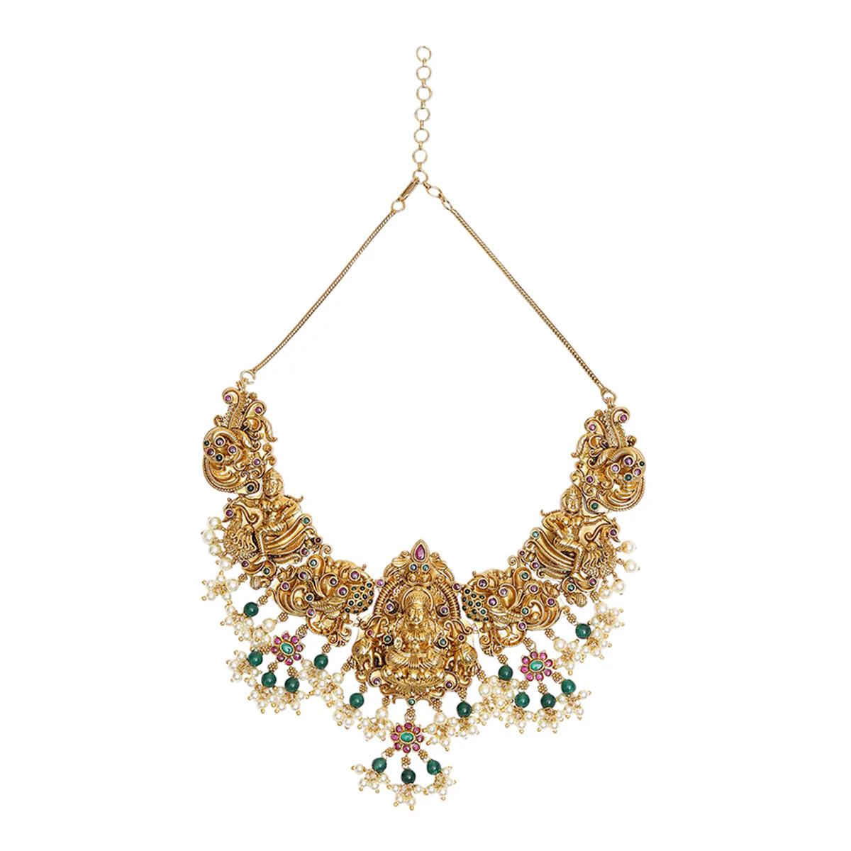 Temple Jewellery Designs Inspired Brass Heavily Embellished Gold Plated Jewellery Set - Image 3