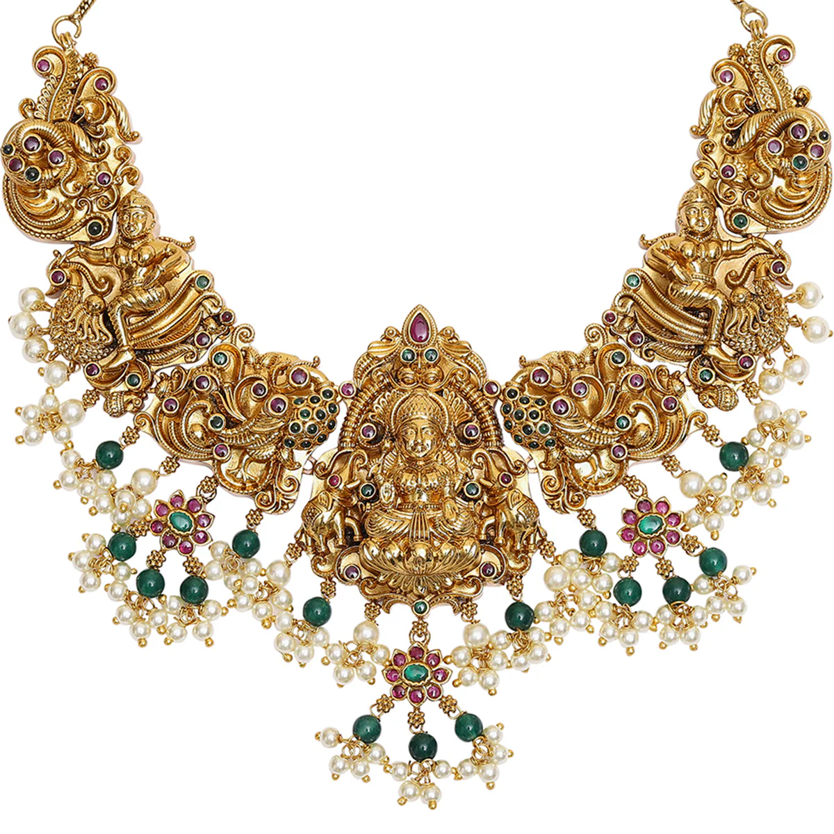 Temple Jewellery Designs Inspired Brass Heavily Embellished Gold Plated Jewellery Set - Image 4