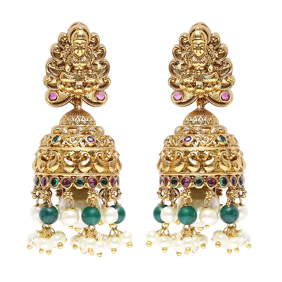 Temple Jewellery Designs Inspired Brass Heavily Embellished Gold Plated Jewellery Set - Image 5
