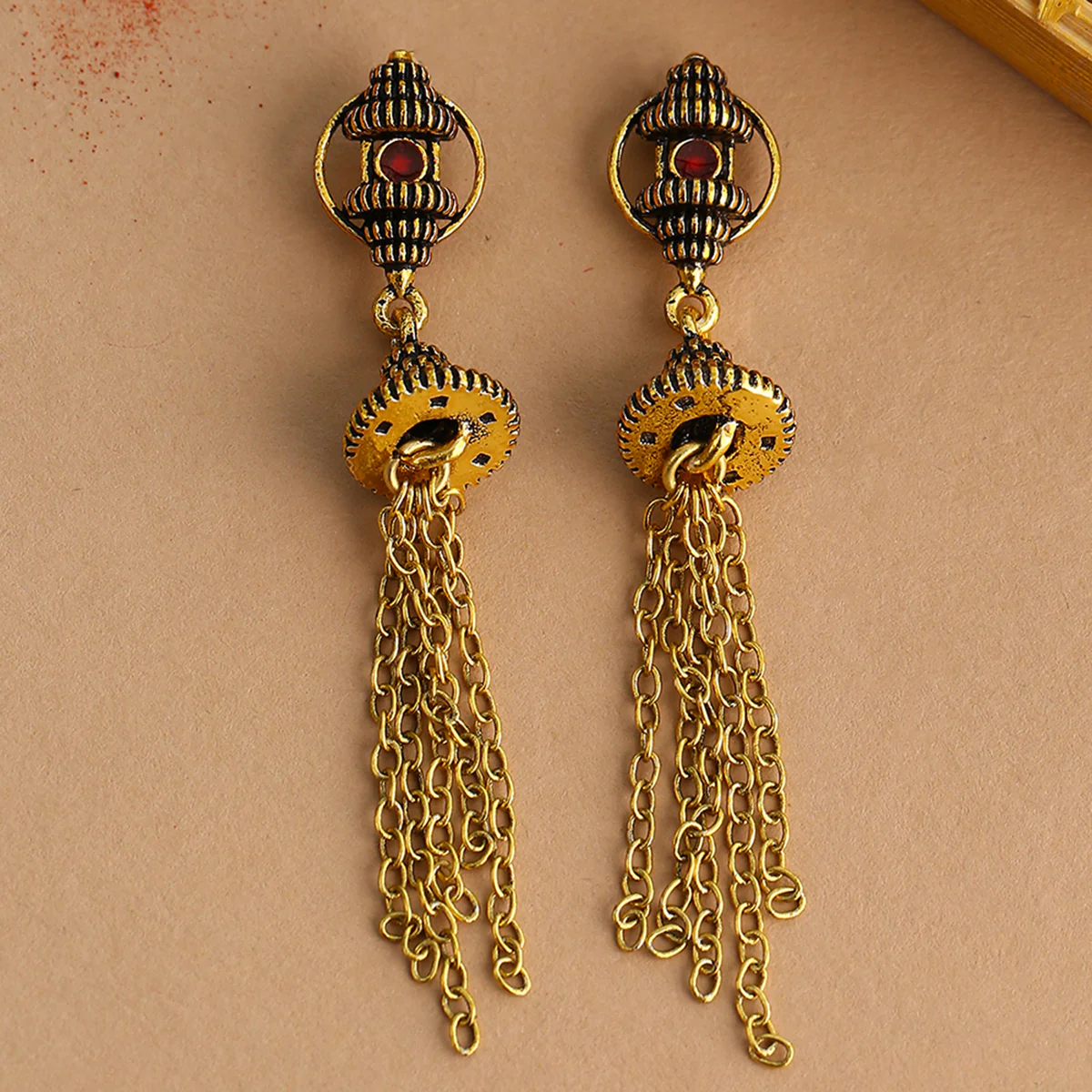 Temple of Love Tassels Drop Brass Earrings
